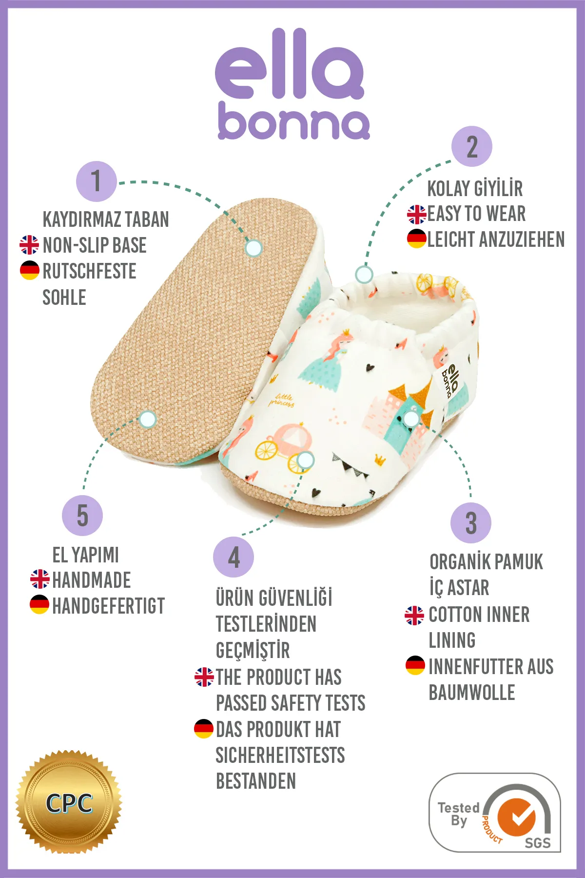 Ella Bonna  Rutschfeste Sohle, Prinzessinnen-Babyschuhe, Heimstiefel, Hausschuhe, Kinderzimmerschuhe, Hausschuhe