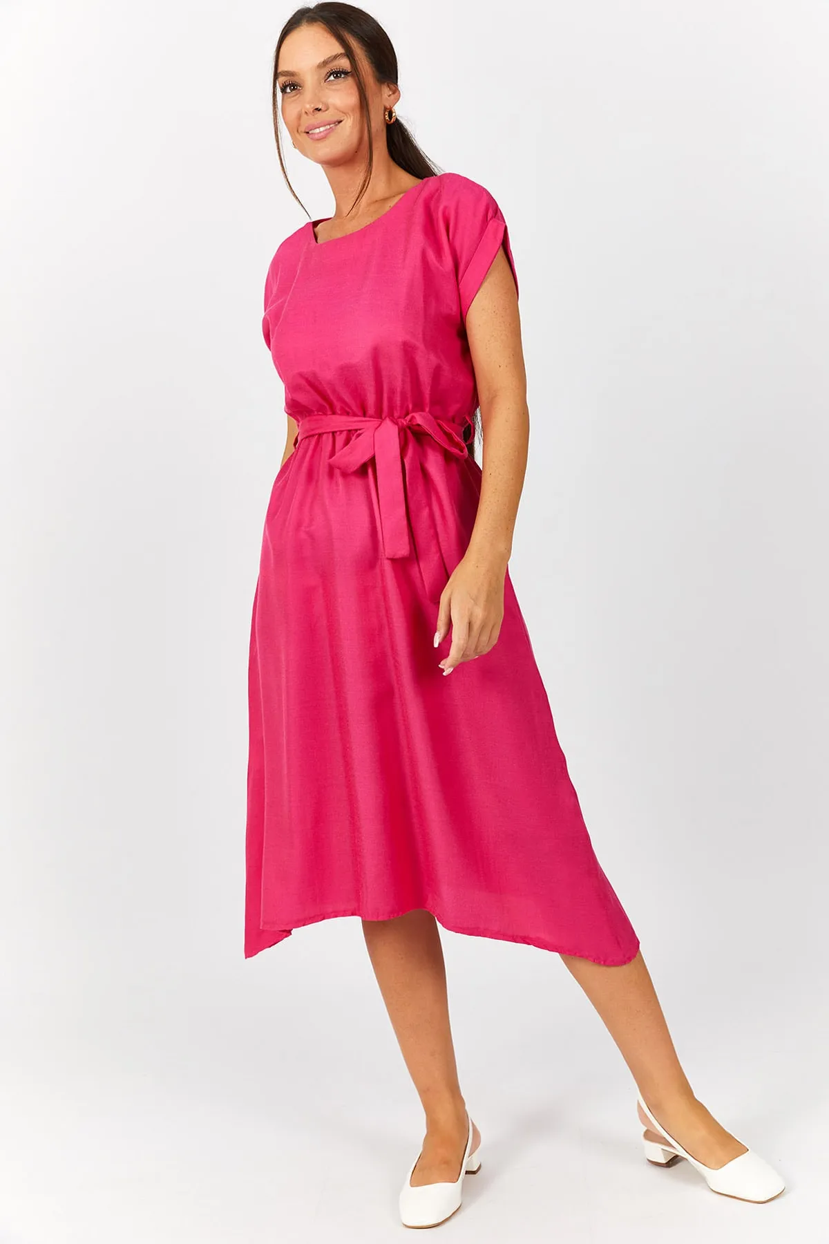 armonika  Fuchsiafarbenes Damenkleid mit elastischem Bindeband ARM-18Y001120
