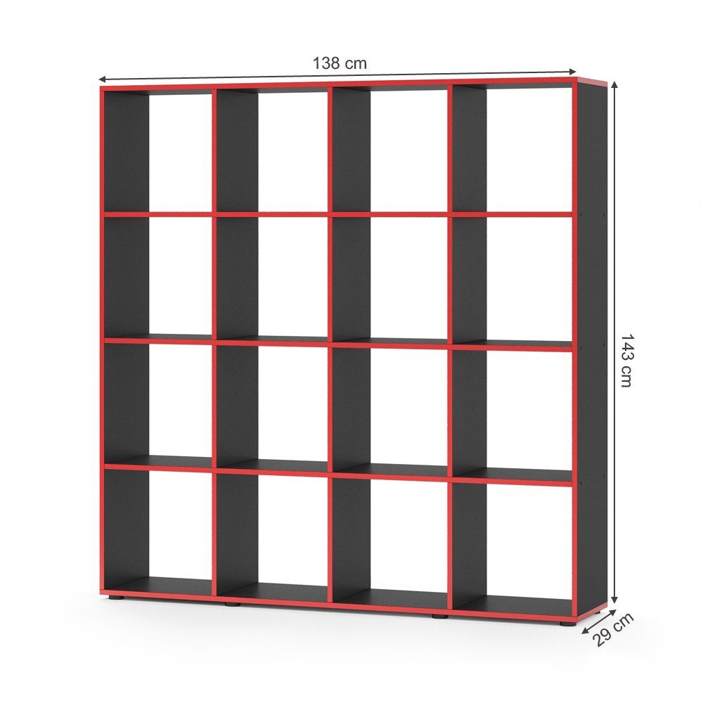 Vicco Raumteiler Würfelregal Standregal KARREE 16 Fächer Schwarz/Rot