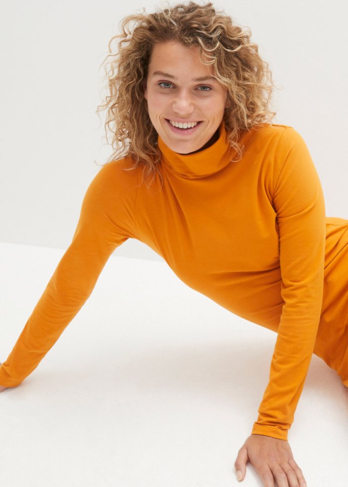 Baumwoll-Stretch-Longshirt mit Rollkragen und Seitenschlitz, Soft-Touch