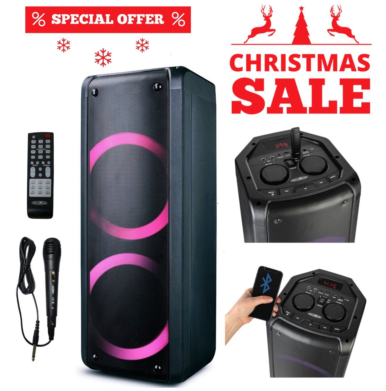 Reflexion PS09BT mit rotierenden Lichteffekten Stereo Party-Lautsprecher (Bluetooth, 500 W, Bluetooth, Radio, USB, AUX IN, Micro SD Kartenslot)