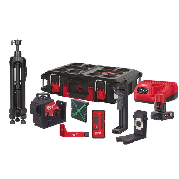 Milwaukee 4933478960 M12 3PLKIT-401P Kreuzlinienlaser mit 3 grünen 360°-Laserkreisen, 12 V 4,0 Ah Li-Ion-Akku