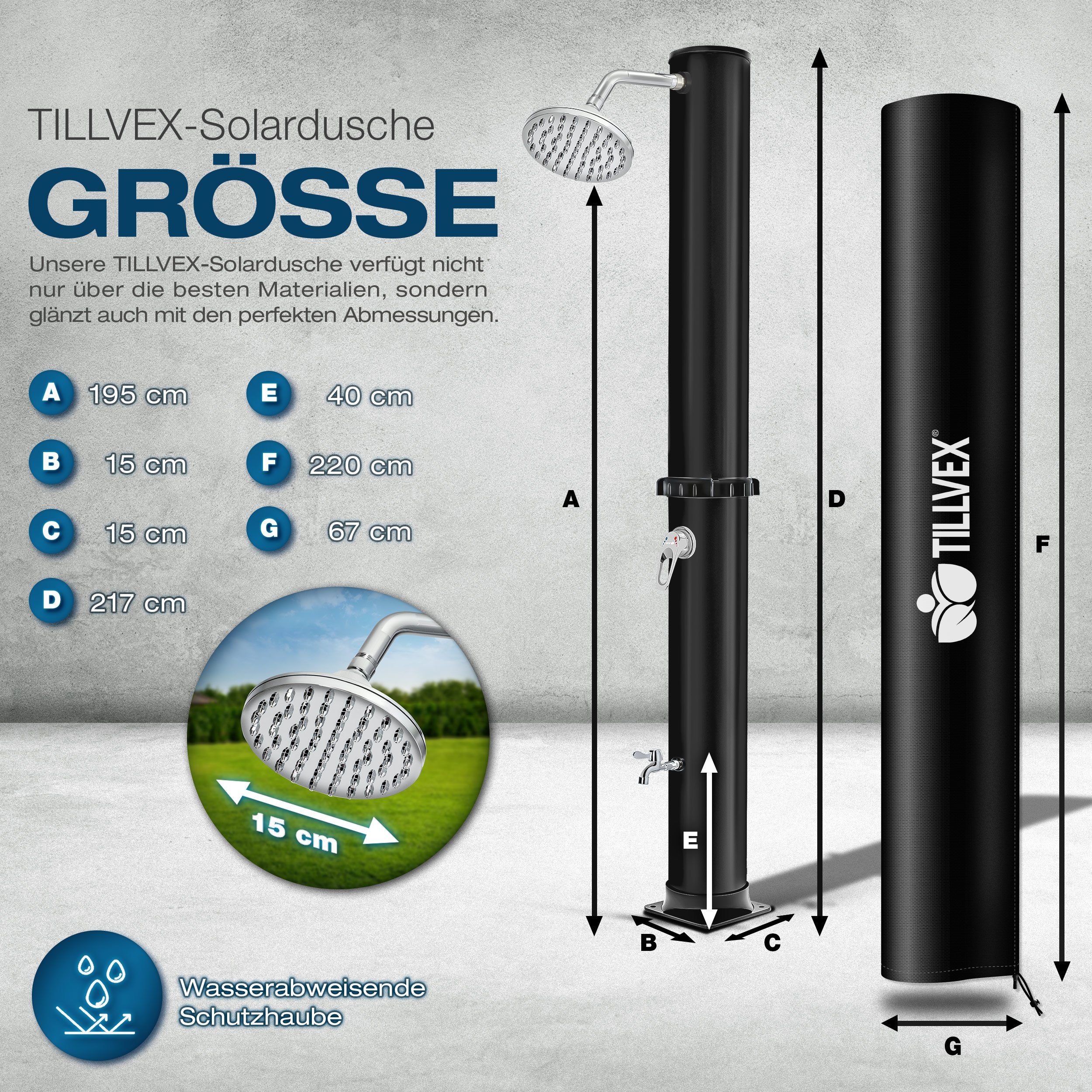 tillvex Solardusche Solar Gartendusche 20 Liter inklusive Schutzhaube Solar Garten-dusche, warmes Wasser, Pooldusche Camping, ohne Stromanschluss