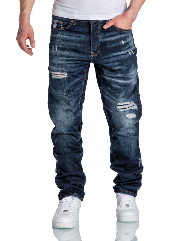 Amaci&Sons Regular Fit Destroyed Jeans KANSAS in Dunkelblau (Patches) günstig kaufen