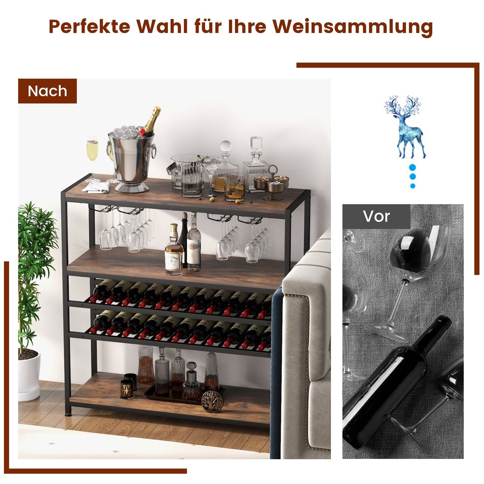 COSTWAY Weinregal, stehend, mit Glashalter & Regalen, Metall, 35x101x100cm