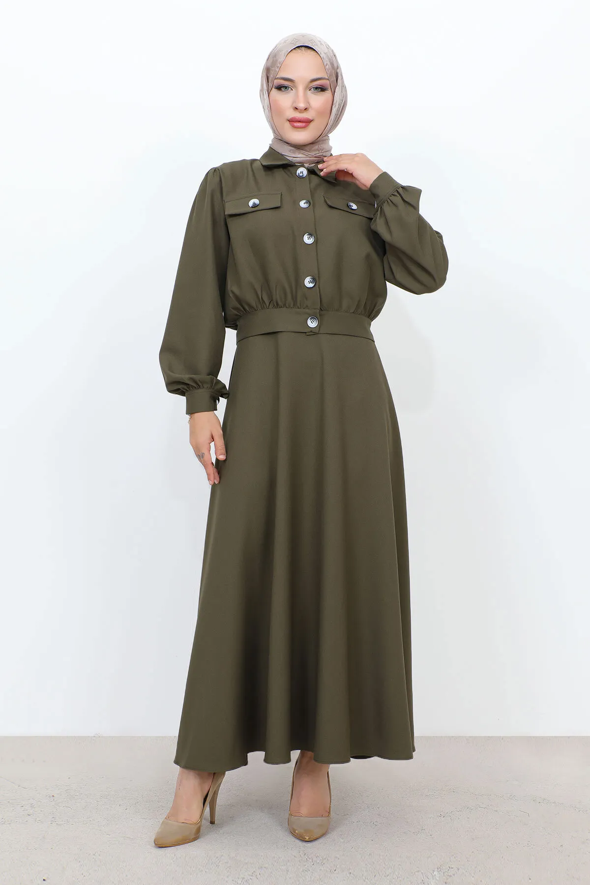 Tesettür Dünyası  Anzug mit geraffter Taille und Taschenrock TSD231201 Khaki