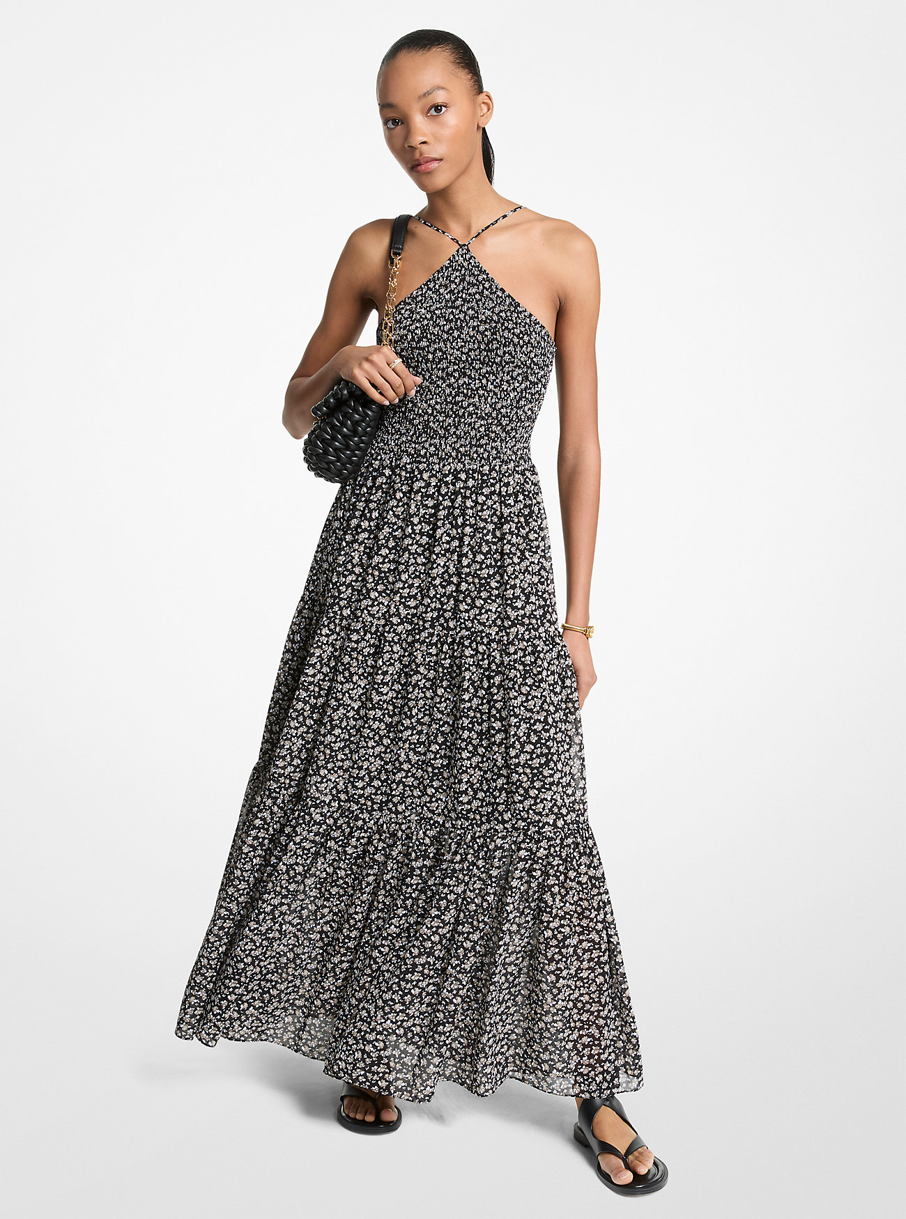 Floral Print Smocked Halter Maxi Dress - TAUPE