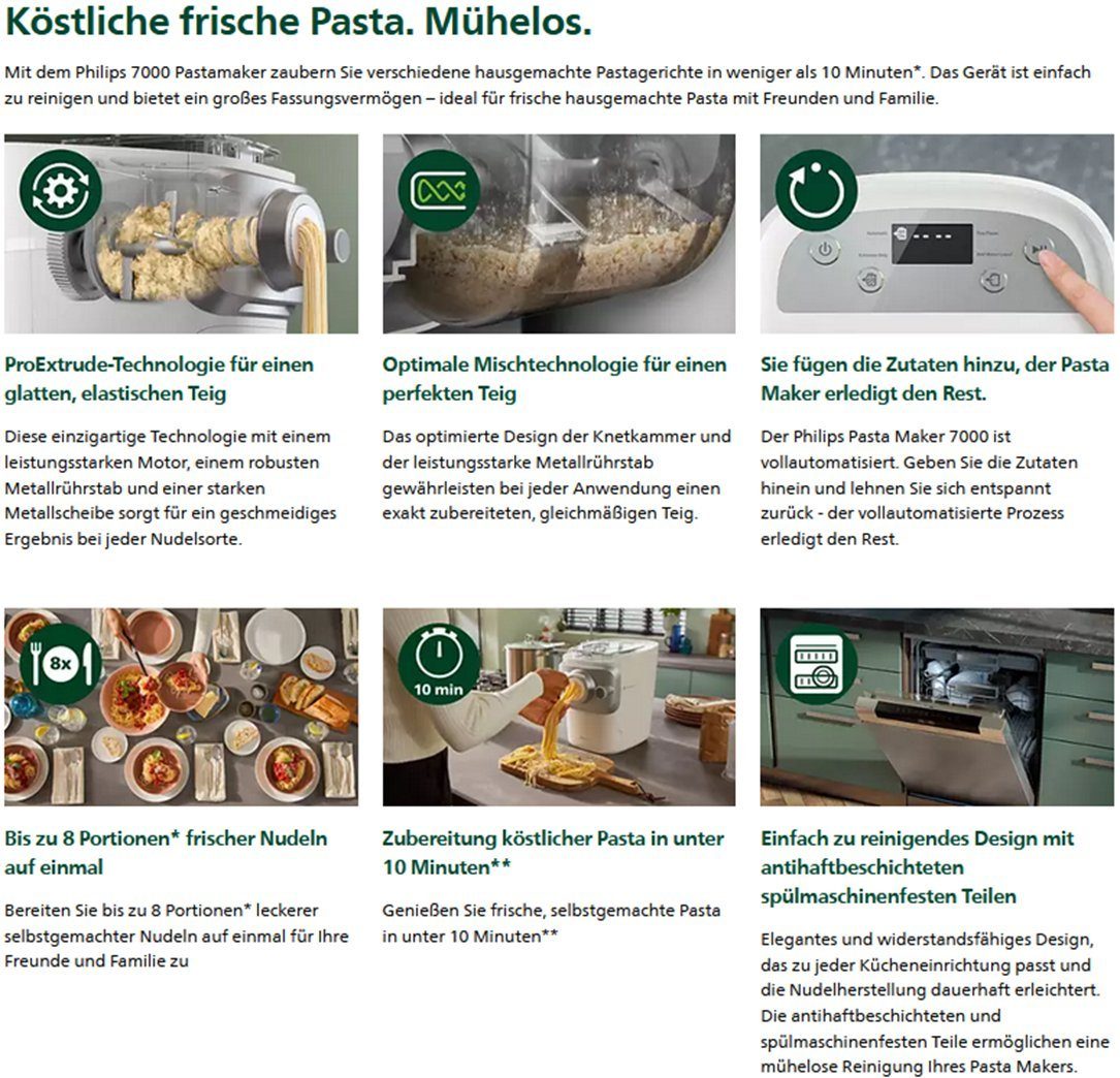 Philips Nudelmaschine Serie 7000,Weiß,Nudelmaschine,Elektrisch,Nudel Maschine,Pastamaker, 200,00 W, Pasta Maschine,Nudel herstellen,mit Formscheiben,Nudelmaschinen