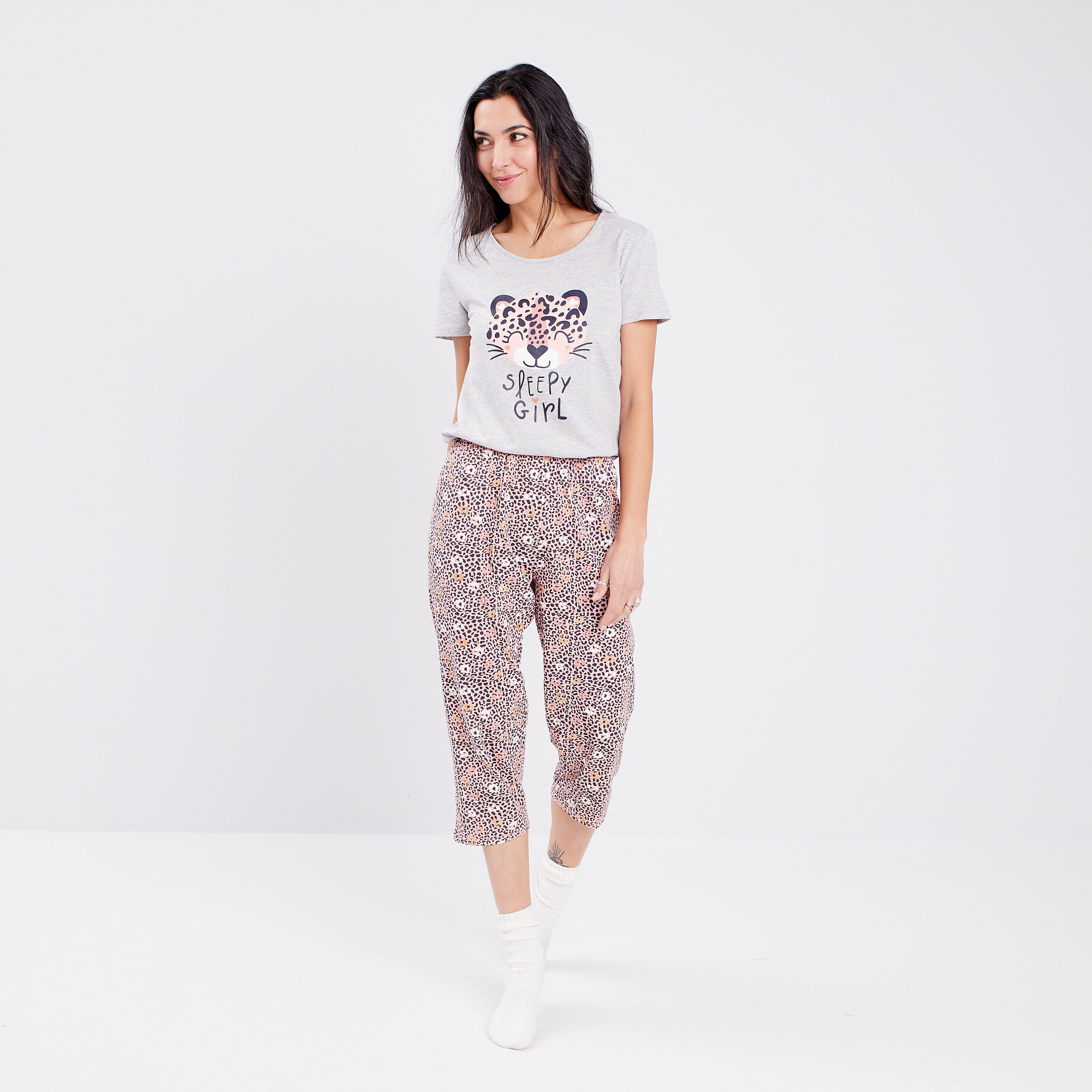 Ensemble pyjama mi long manches courtes gris clair femme | La Halle