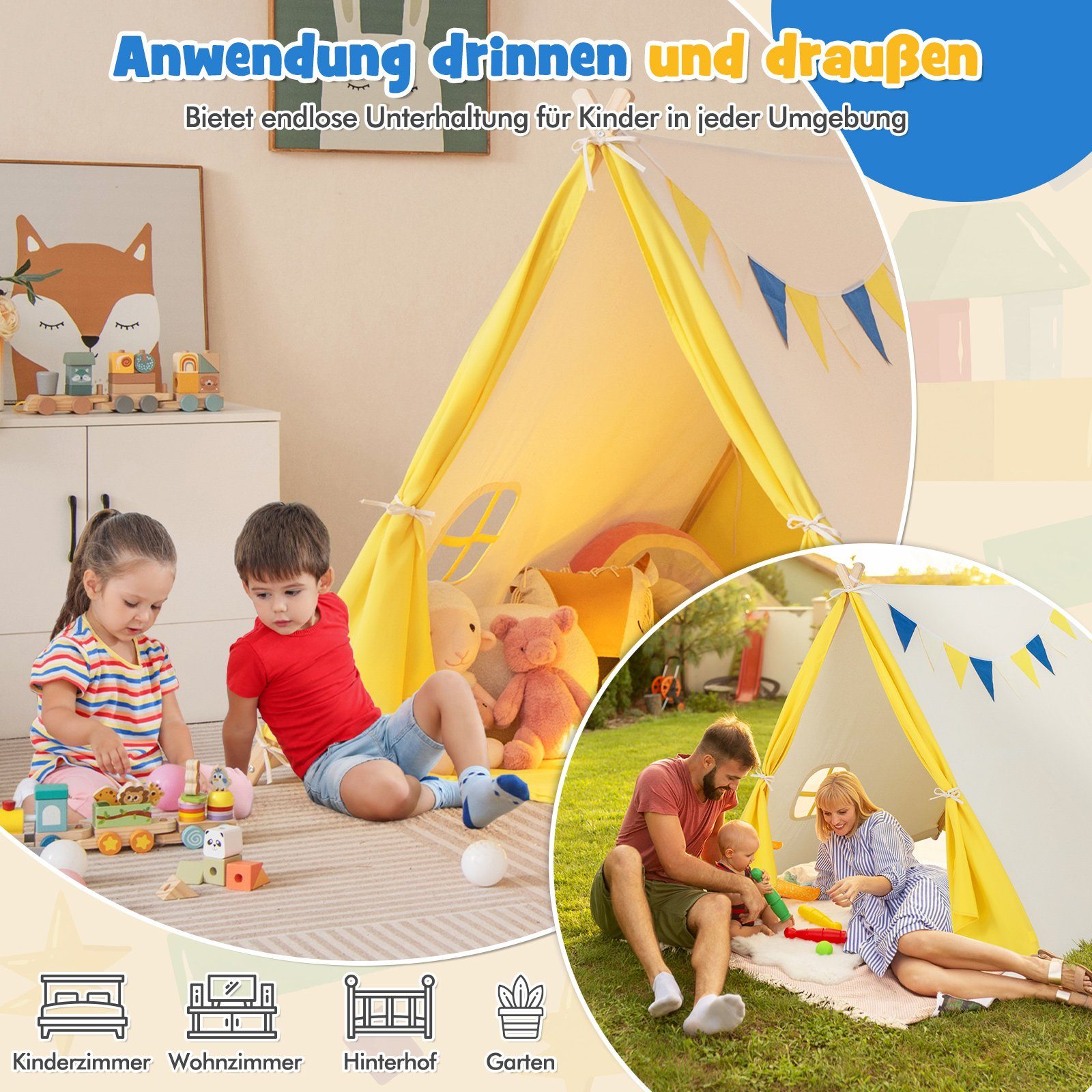 COSTWAY Tipi-Zelt Kinder Spielzelt, Personen: 2, 137 x 145 x 121 cm