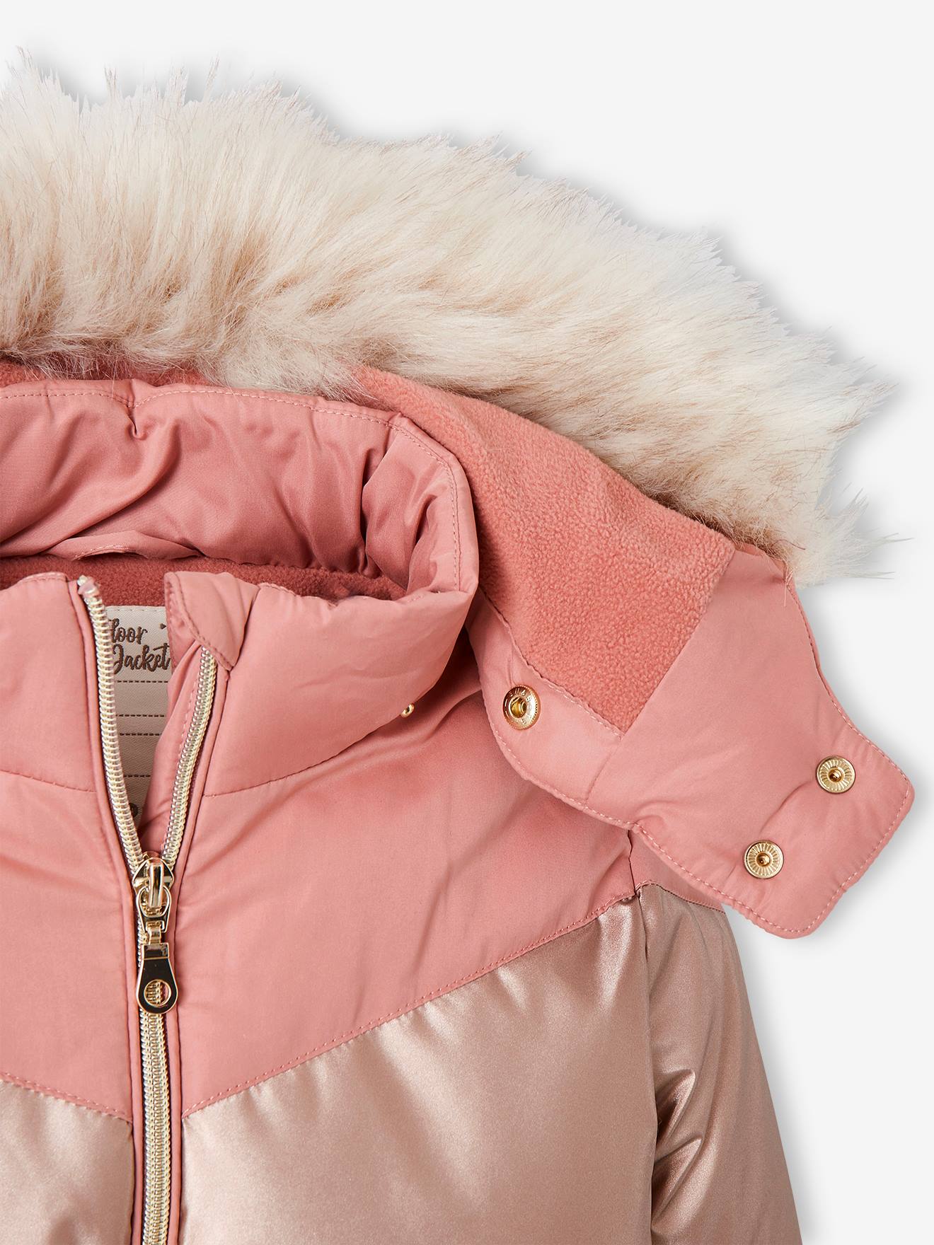 Doudoune à capuche colorblock fille doublée maille polaire rose fumé