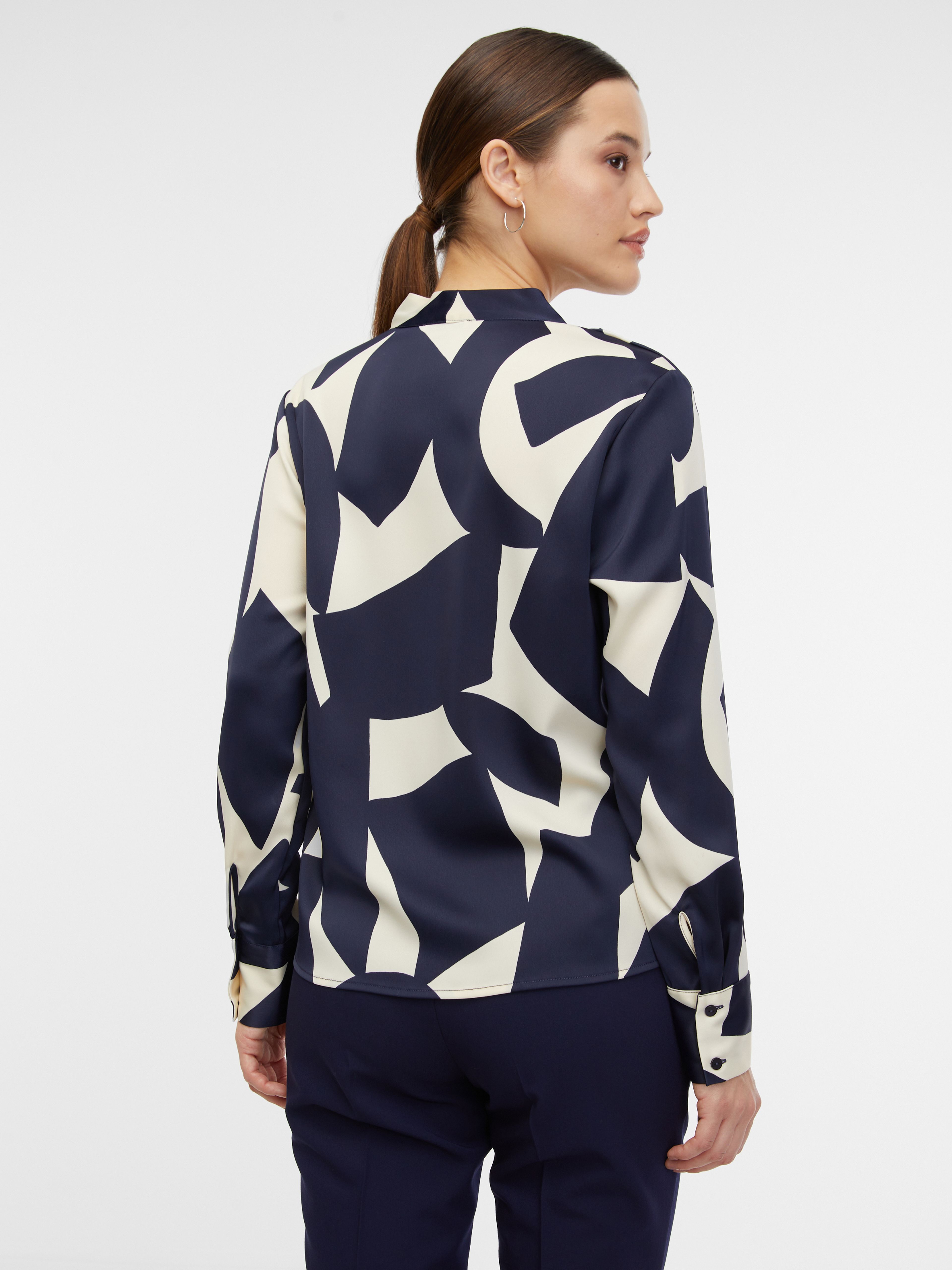 Cremefarbene und blaue gemusterte Damen-Satinbluse ORSAY