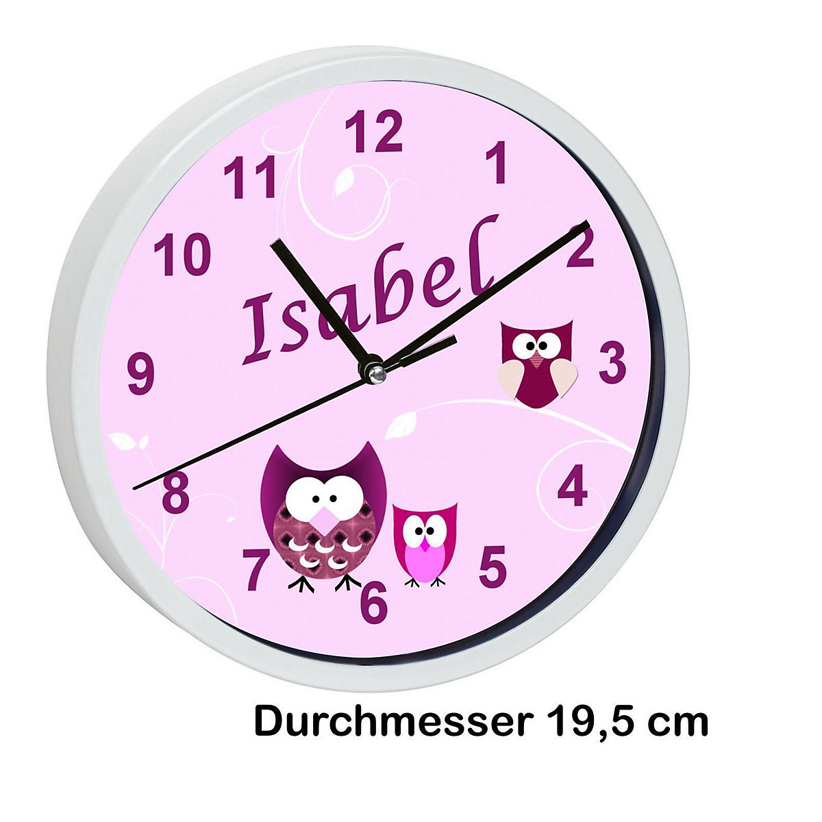 Kinder Wanduhr laufruhig personalisiert mit Name Eule Rosa