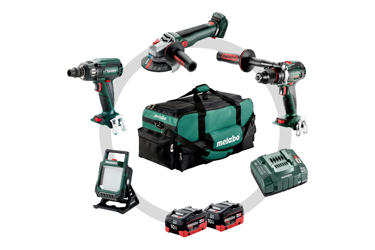 Metabo 685209000 Combo Set 4.3.2 LiHD 18V 10.0Ah - BS18LTX BL I akkuporakone + WB18LT BL hiomakone + SSW18LTX400 BL iskuporakone + BSA18 lamppu 685209000
