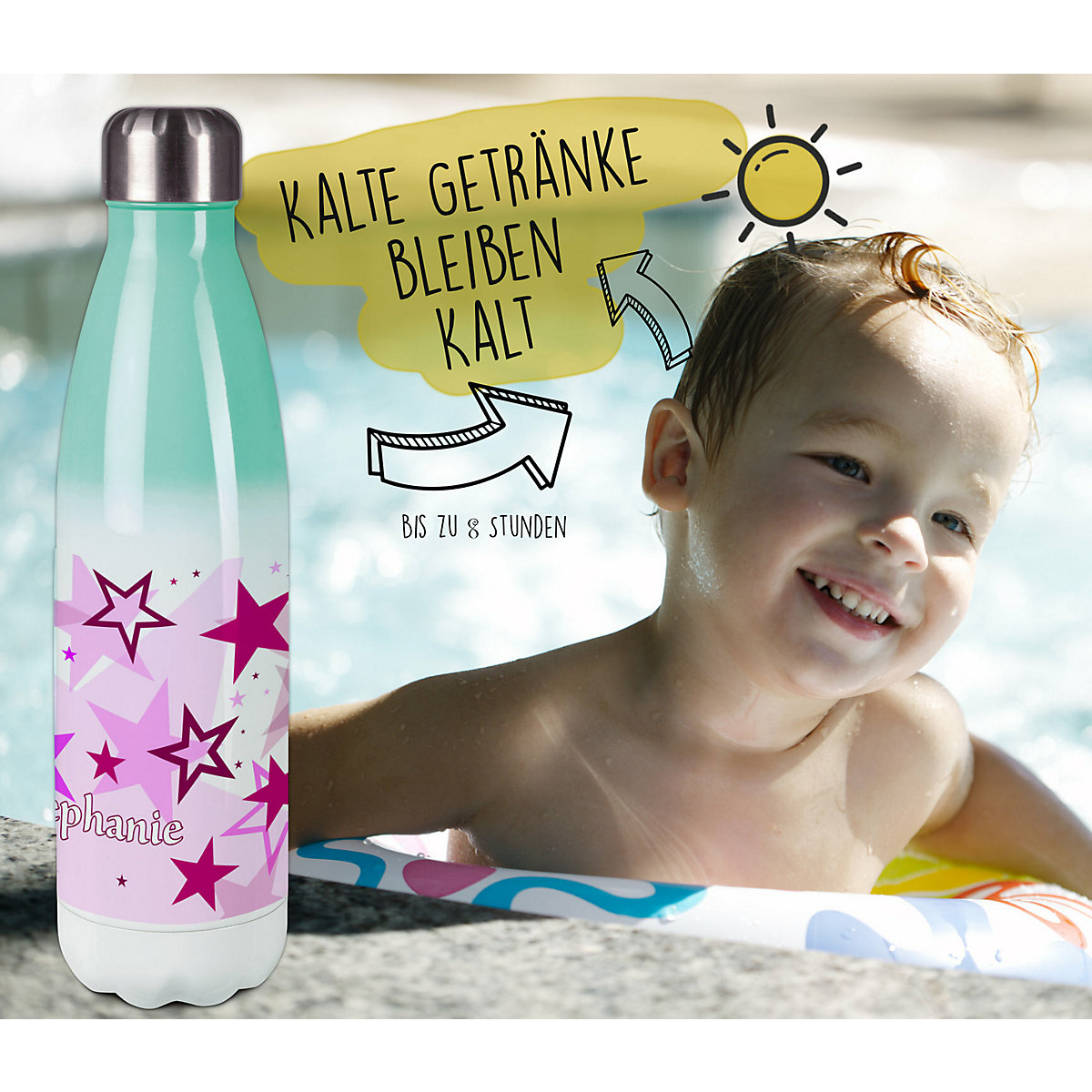 Edelstahl Kinder Thermoflasche / Trinkflasche bunt Sternenhimmel Farbe rosa Spülmaschinenfest, Auslaufsicher, Bruchfest, Doppelwandig, Für Heißgetränke geeignet, Mit Deckel, Isoliert