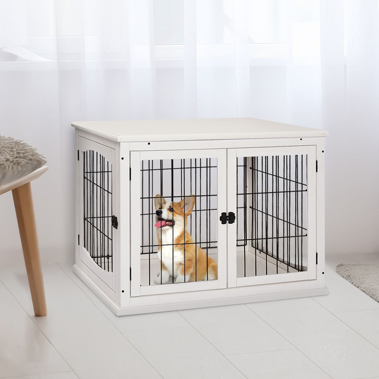 PawHut Hundehütte mit Tischoberfläche, Hundebox für innen, Hundekäfig für Zuhause, 2 Türen, Tierkäfig, Haustier, MDF, Metall, Weiß, 81 x 58,5 x 66 cm