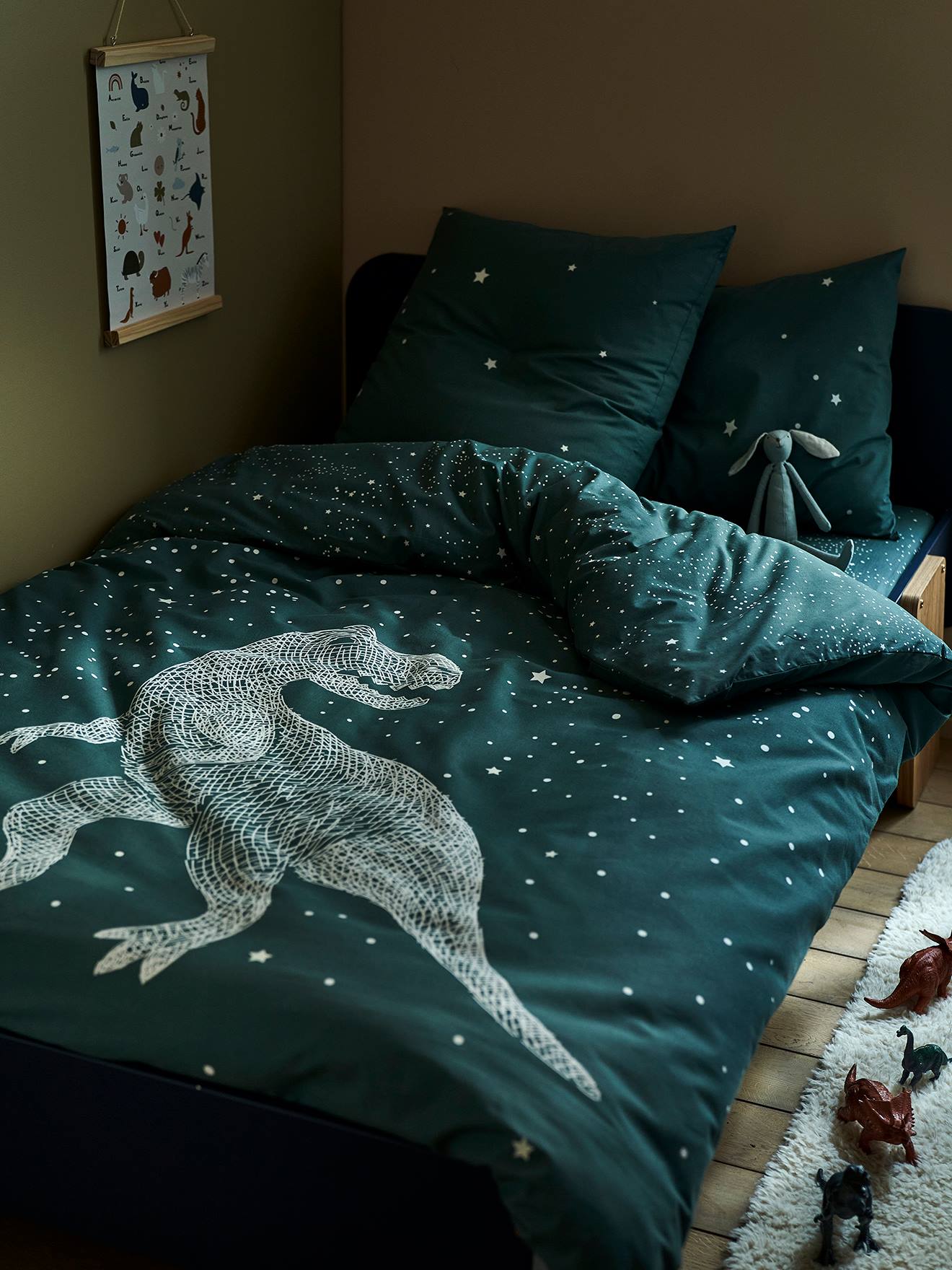 Vertbaudet Kinder Bettwäsche-Set GRAPHIC DINO mit Leuchtsternen Oeko-Tex - grün