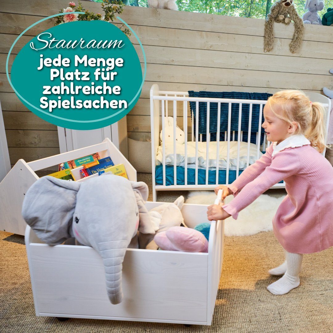 Alavya Home® Spielzeugtruhe BULLI Premiumqualität für Kinder (Kinderzimmerregal Spielzeugkiste), Spielzeug-Organizer mit 4 Rollen Aufbewahrungsregal aus Kiefernholz