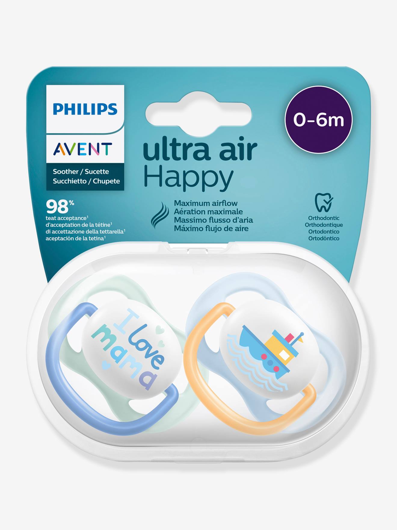 Lot de 2 sucettes Ultra air animals 1er âge Philips AVENT i love mama + bateau