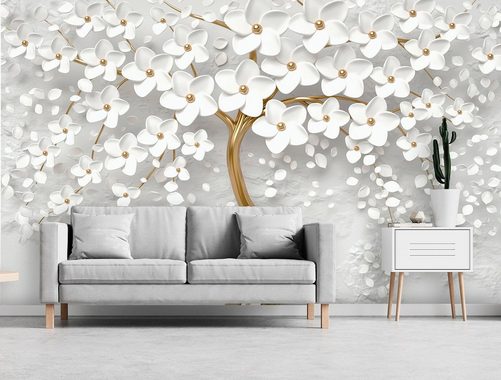 Consalnet Vliestapete 3D Baum mit Blumen, botanisch, abstrakt, modern, fototapete für Wohnzimmer oder Schlafzimmer