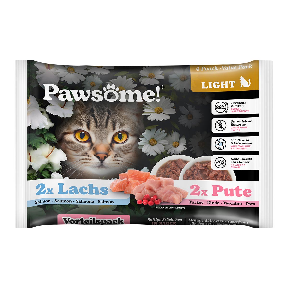 Pawsome Adult Light Pute & Lachs Flowpack 4x85g bei ZooRoyal