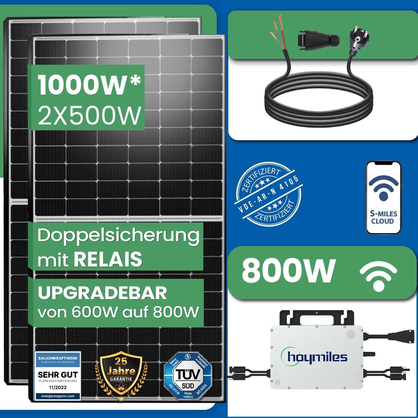 EPP.Solar Solaranlage 1000W upgradefähiger Photovoltaik Balkonkraftwerk Mini-PV Anlage, Hoymiles HMS-800W-2T (Die Freigabe der Verbindung für 2 Module) WLAN Mikrowechselrichter, Antireflexbeschichtung, Monokristallin, Wasserdichtigkeitsklasse, Balkon