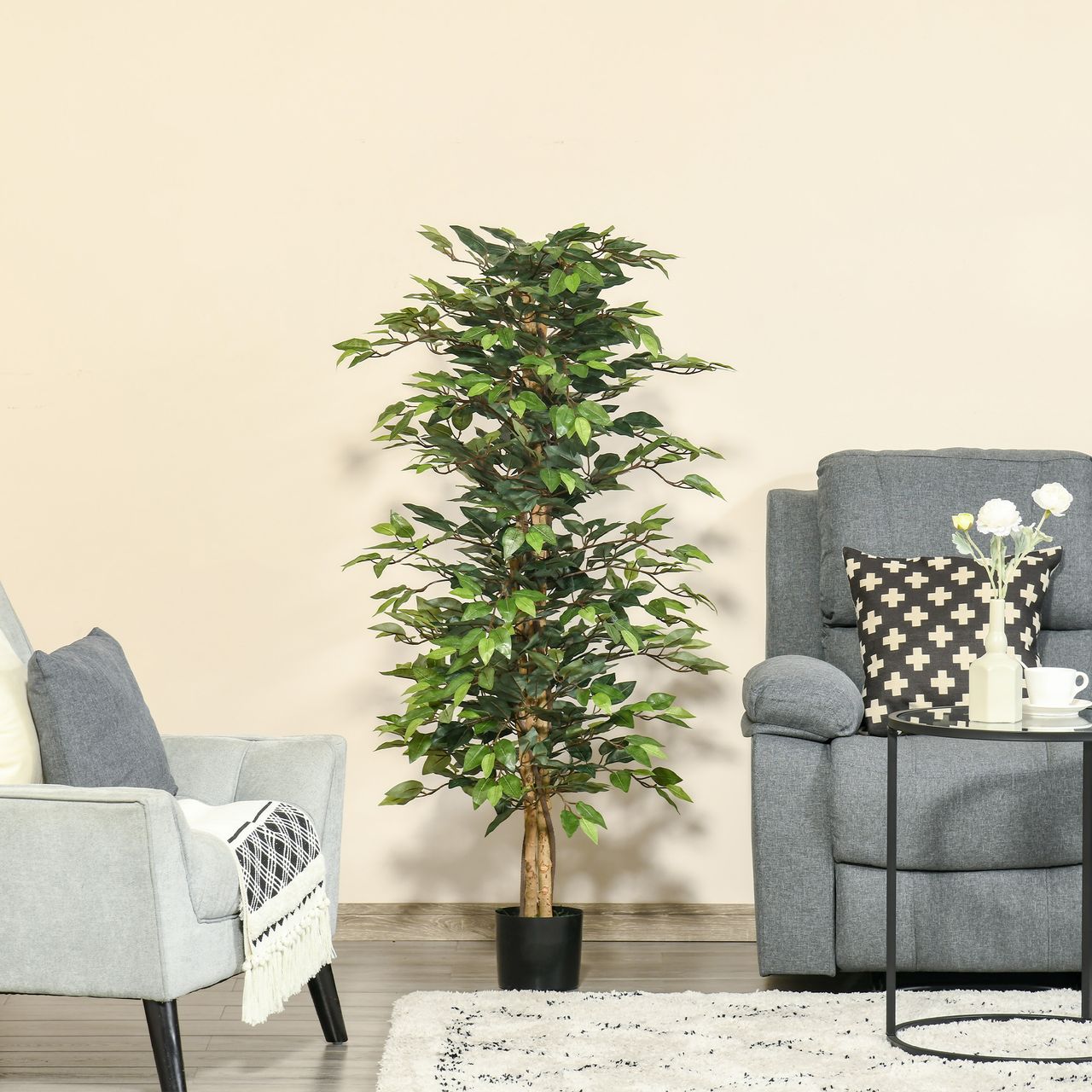 HOMCOM künstliche Pflanzen 150 cm künstlicher Ficus-baum Kunstpflanze Zimmerpflanze Dekopflanze Büropflanze Kunststofftopf für drinnen und draußen