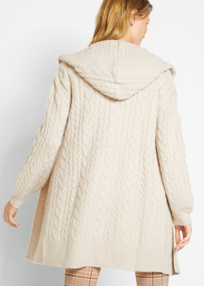 Strickjacke mit Zopfmuster und Kapuze