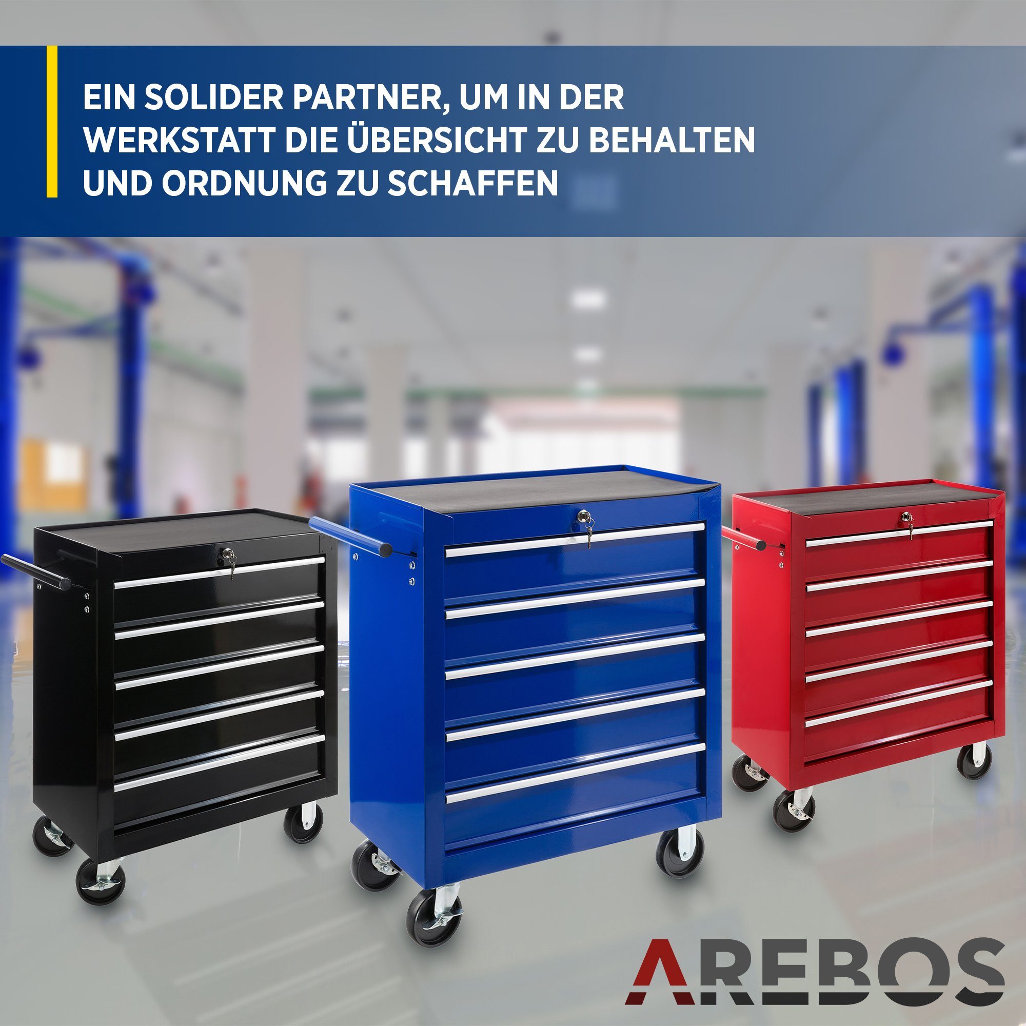Arebos Werkstattwagen Werkstattwagen 5 Fächer, zentral abschließbar, blau, (Set, Werstattwagen 5 Schubladen blau)