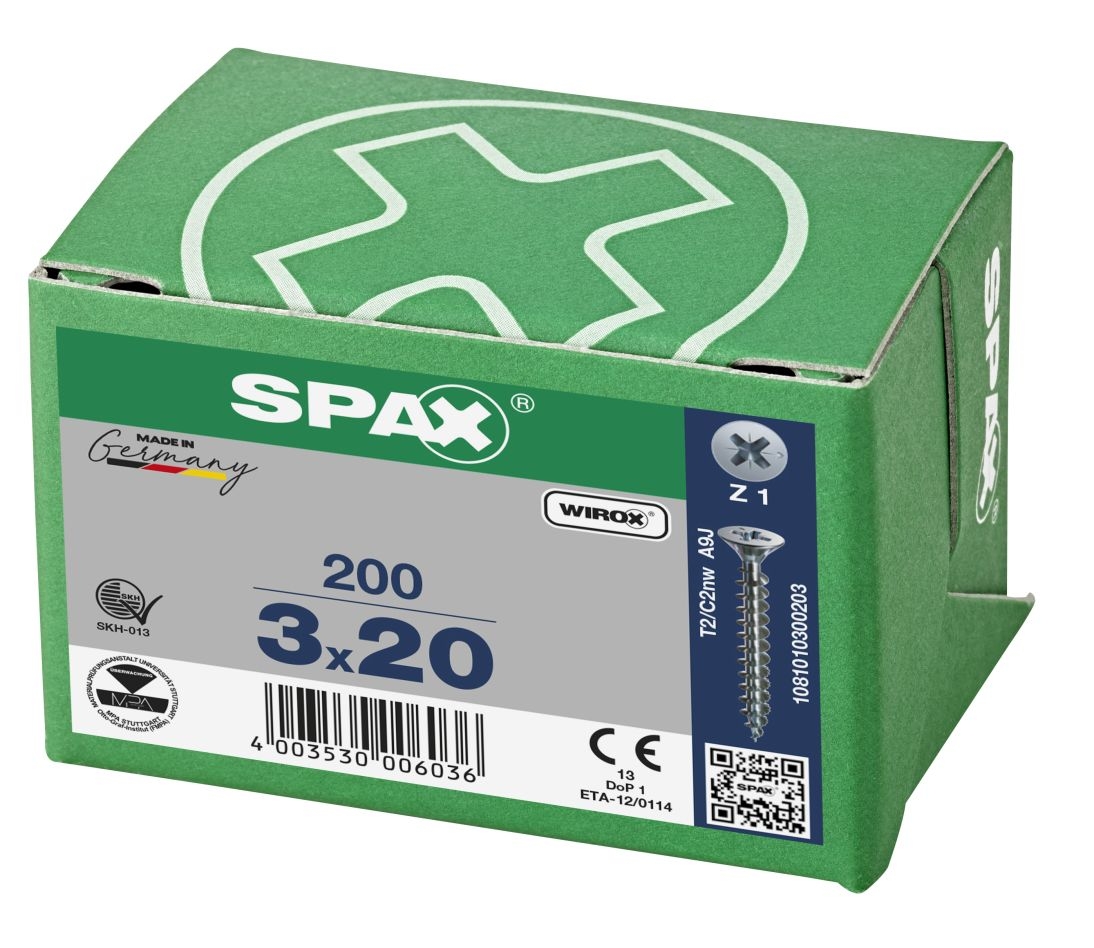 SPAX 1081010300203 Universalschraube 3 x 20 mm, Vollgewinde, Senkkopf, Kreuzschlitz Z1 – 200 Stück
