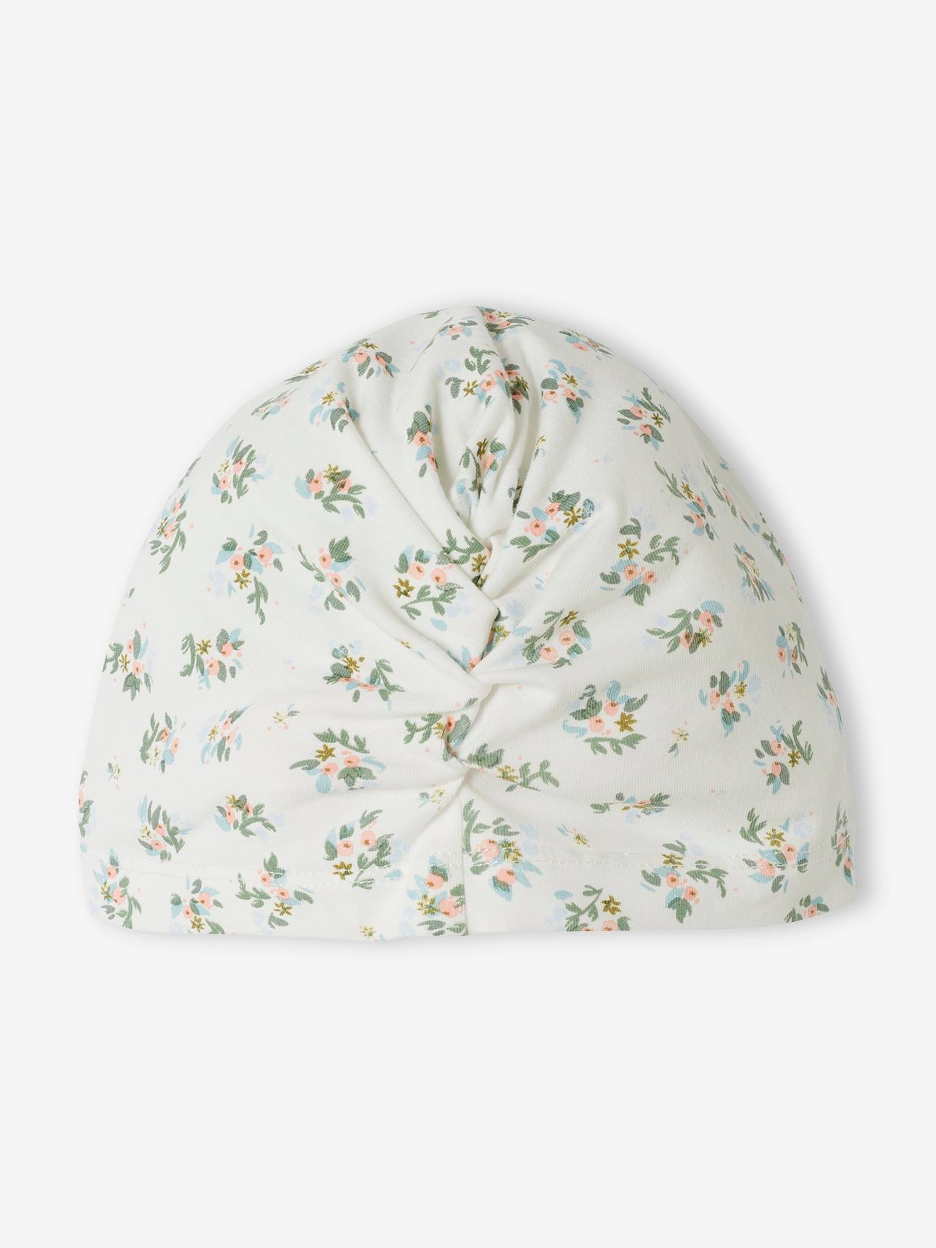 Bonnet esprit turban bébé fille en maille imprimée blanc imprimé