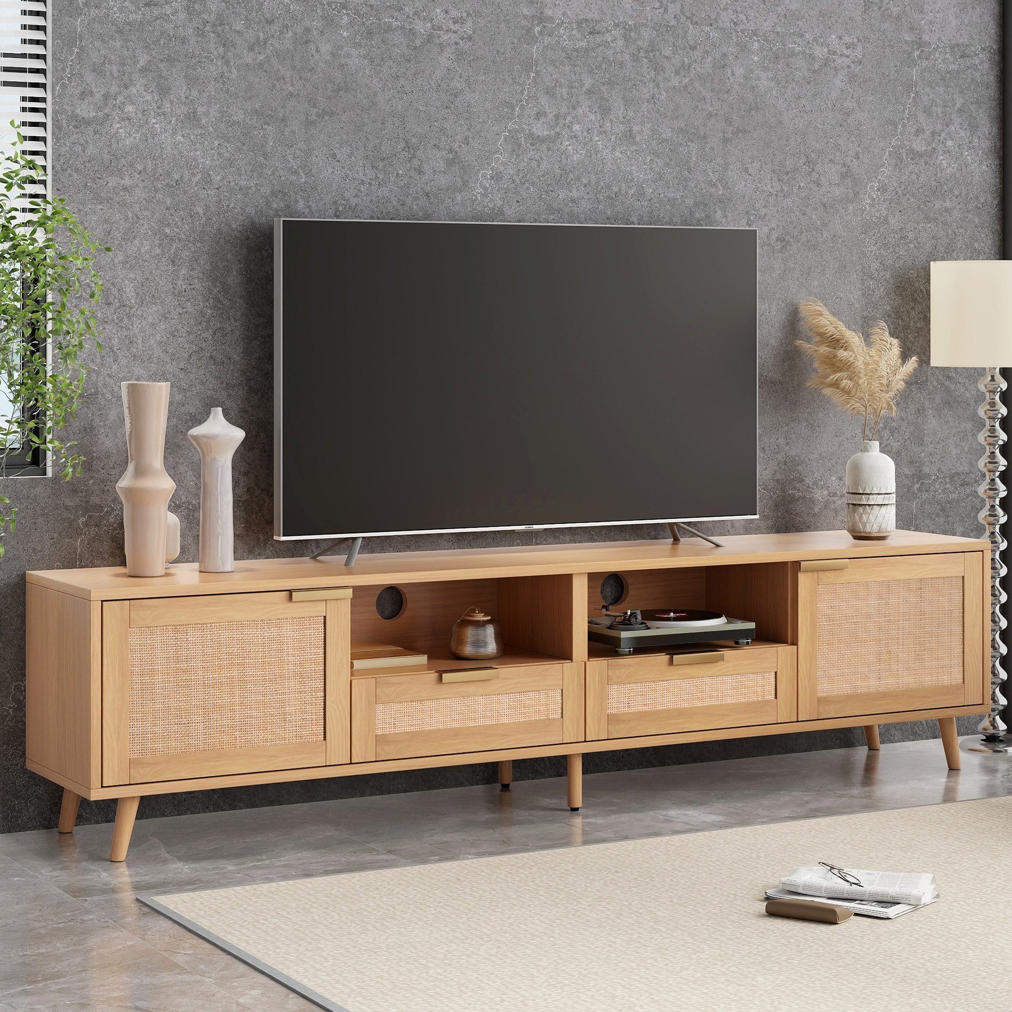 HAUSS SPLOE TV-Schrank TV-Tisch Beistellschrank Sideboard (TV-Konsolentisch,200*37*49cm) mit massiven Holzfüßen, Geflochtener Rattan-TV-Boards