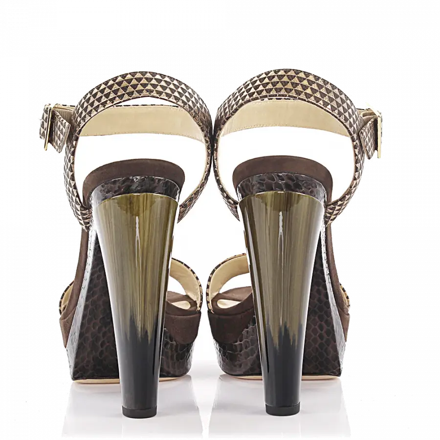 Jimmy Choo - Sandalen Dora Plateau Leder gold metallic finished Veloursleder braun Schlangenprägung - beige