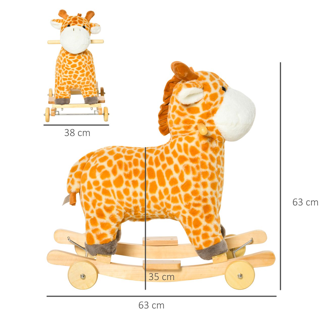HOMCOM 2-IN-1 Schaukelpferd mit Räder Plüsch Schaukeltier Babyschaukel Spielzeug für 36-72 Monaten Giraffen-Design Gelb 63 x 38 x 63 cm