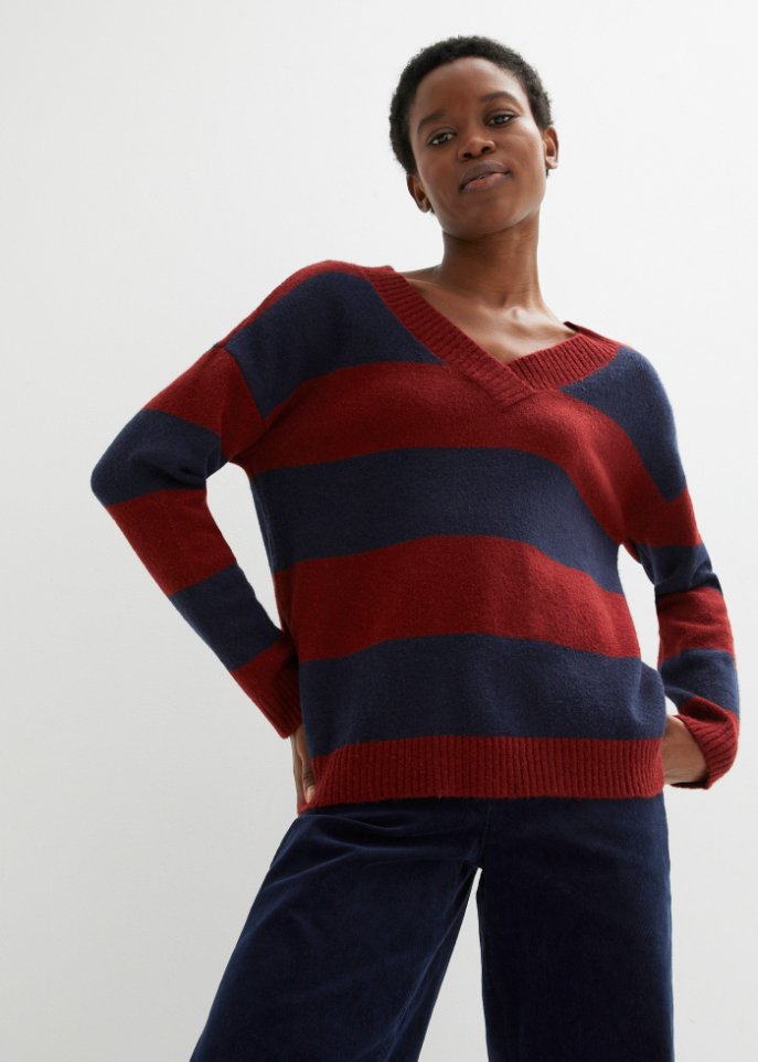 Gestreifter Pullover mit V-Ausschnitt