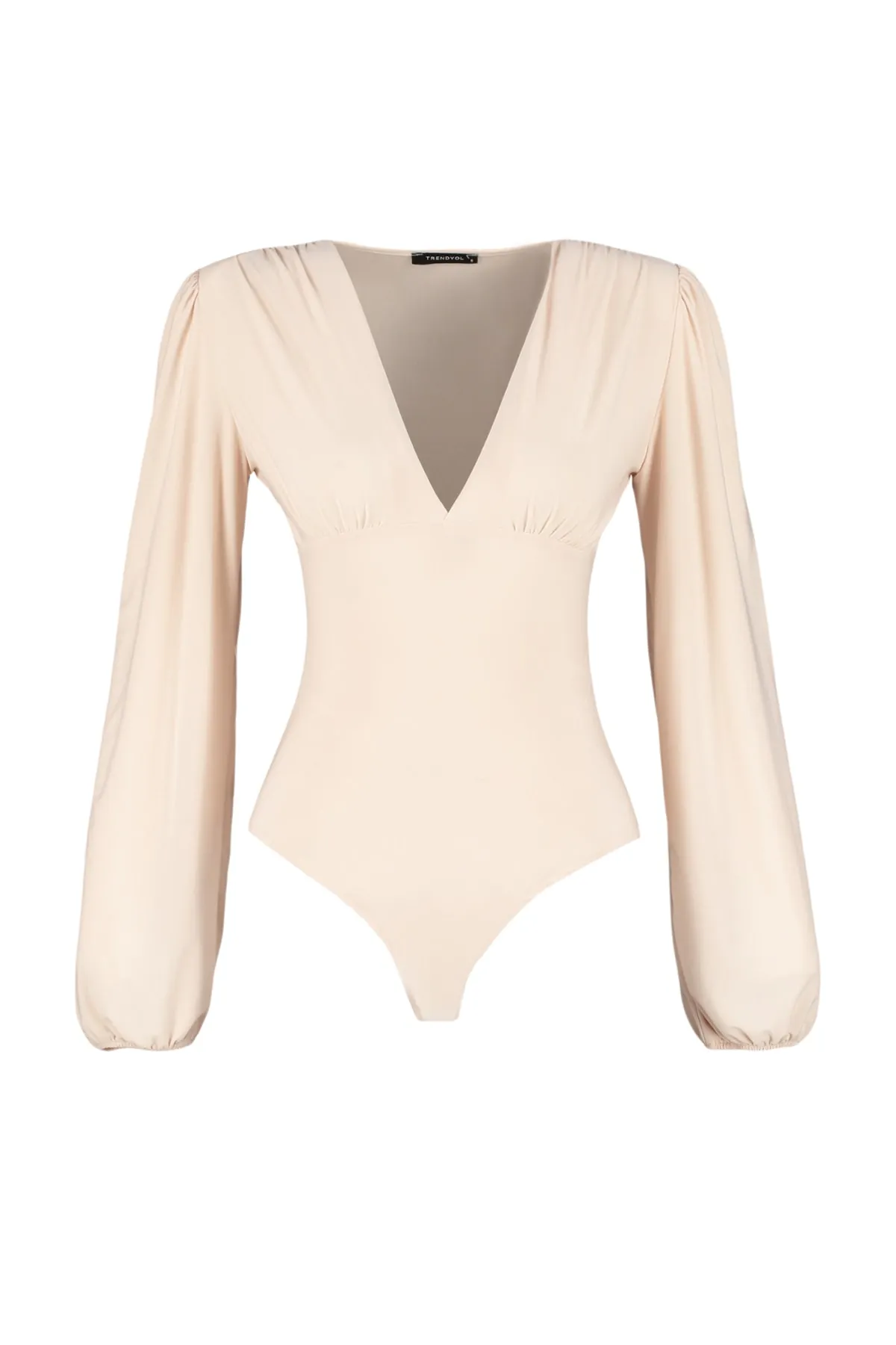 Trendyol Collection  Steinfarbener, taillierter/körperbetonter, flexibler Strickbody mit Druckknöpfen und V-Ausschnitt mit Ballonärmeln TWOSS23BD00030
