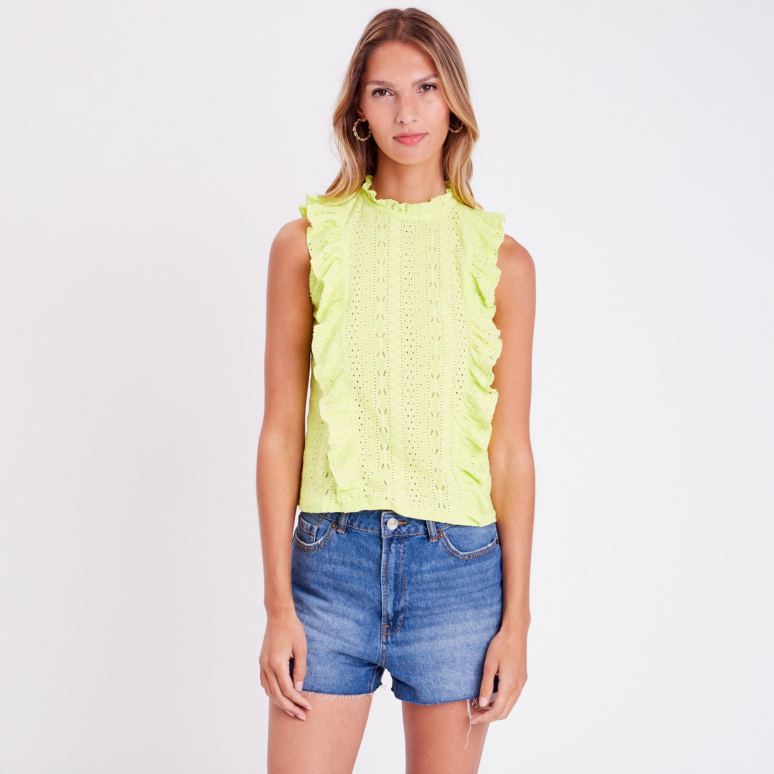 Blouse brodée avec volants vert fluo femme | Cache Cache