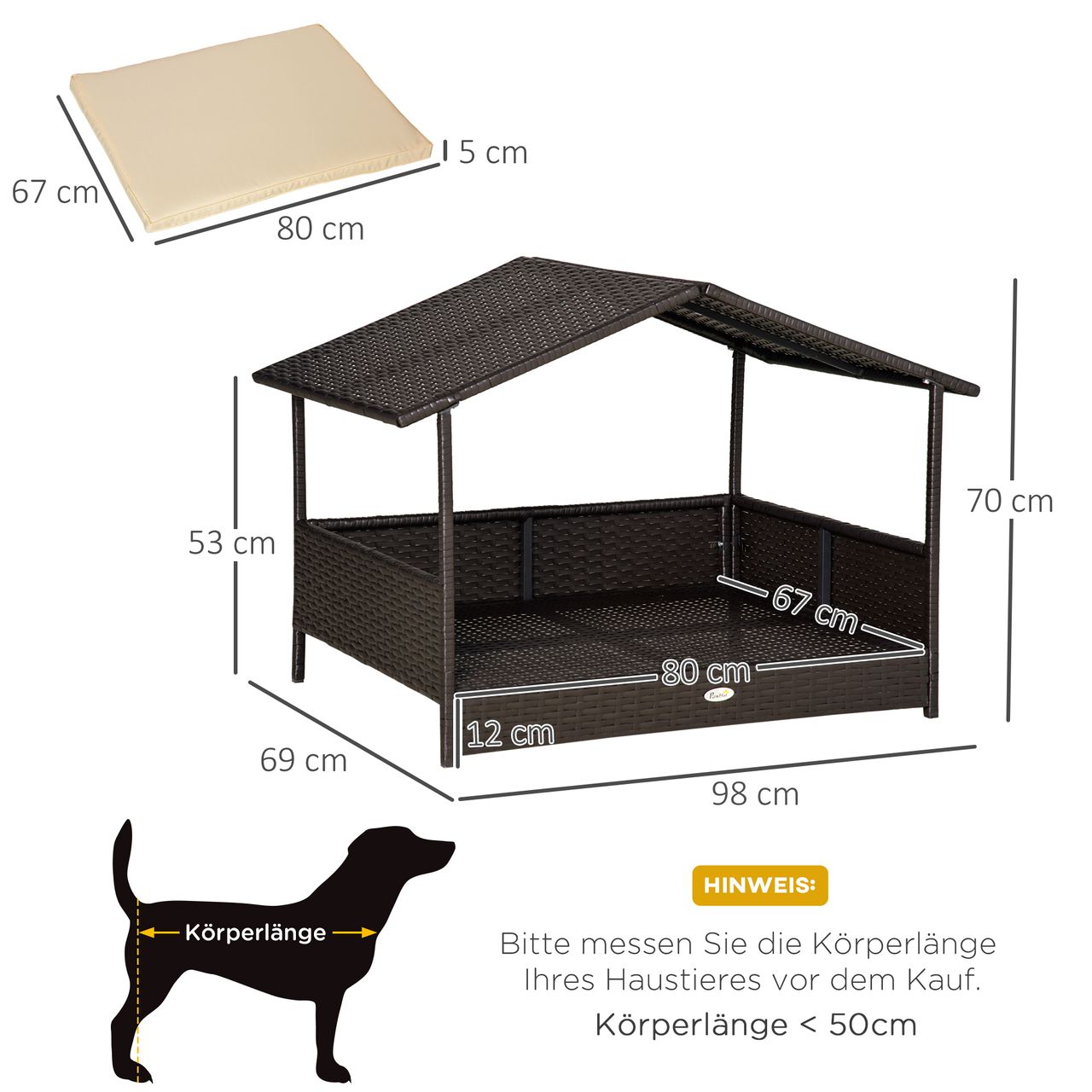 PawHut Rattan Hundehaus Hundebett Kissen Hausform Outdoor Hundehütte Stahl PP