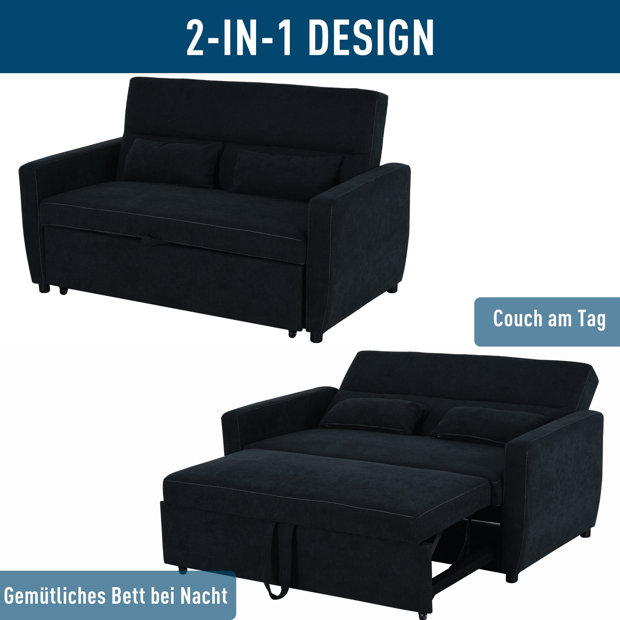 HOMCOM Schlafsofa, Set 1 Teile, Schlafsofa Chaiselongue 2-Sitzer Stoffsofa Sofagarnitur Schwarz