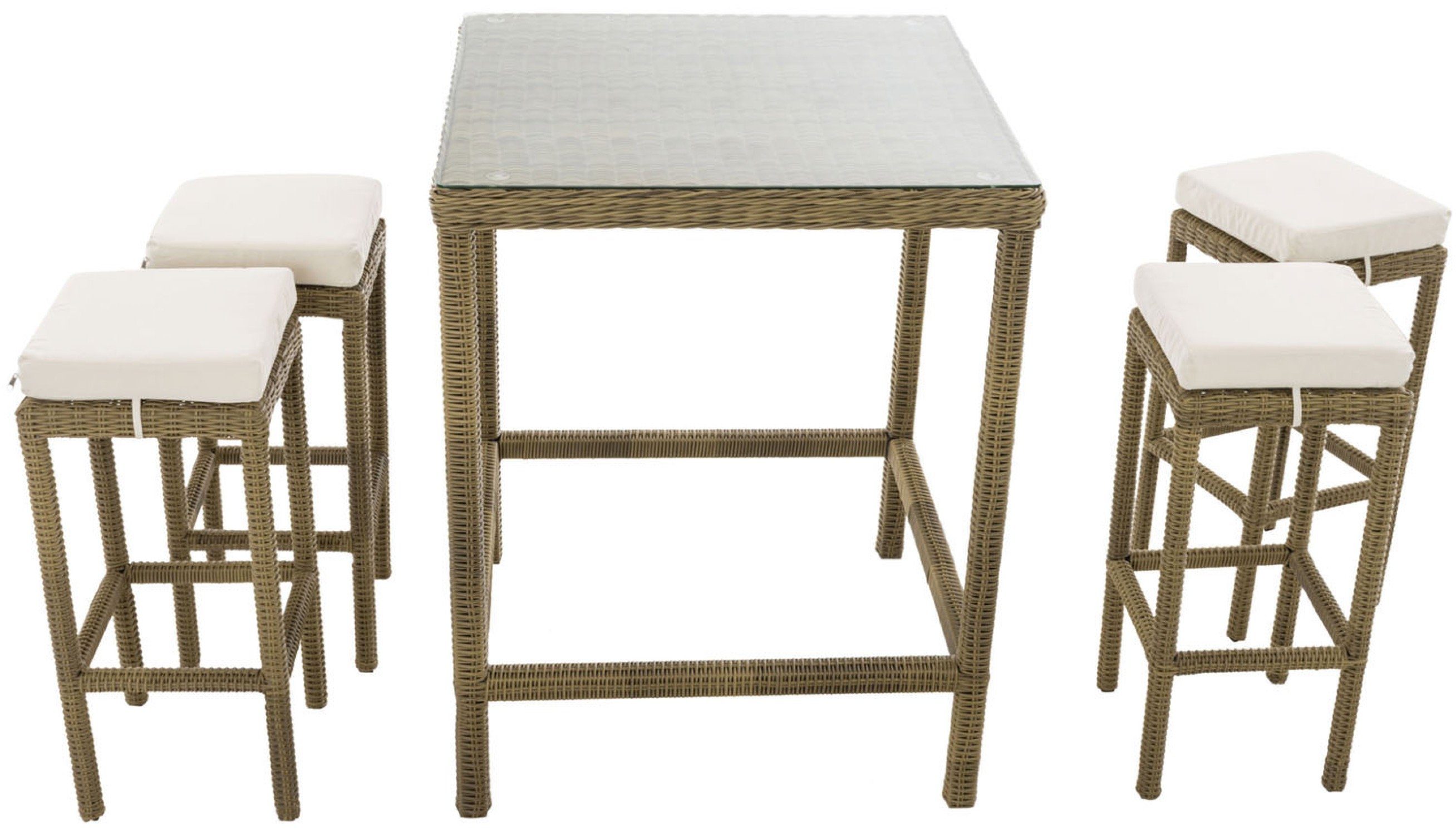 TPFGarden Gartenbar-Set Alina - aus 5mm Polyrattan und Aluminium-Gestell, (Stehtisch-Set mit 4 Hockern und Kunstlederauflagen, Gartenlounge-Set - wasserfest, pflegeleicht und UV-beständig), Maße (TxBxH): Tisch 84 x 84 x 110,5cm - Hocker 37 x 37 x 74,