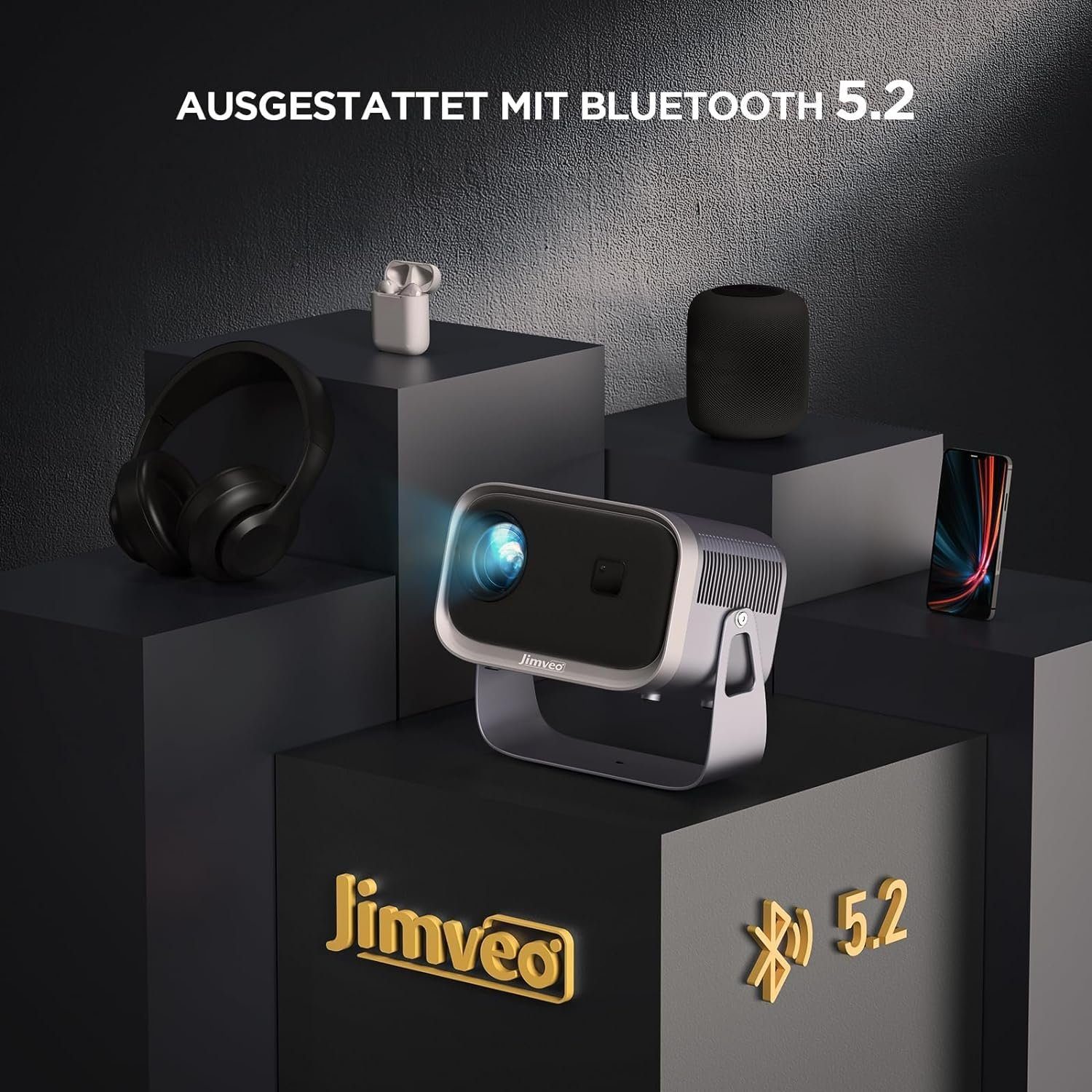 Jimveo Elektrischer Fokus/Trapezkorrektur ±360° Rotating Mini Beame Portabler Projektor (12000 lm, 1920 x 1080 px, Mit WiFi6 Bluetooth Projektor Unterstützt 4K Heimkino 300'' Display)