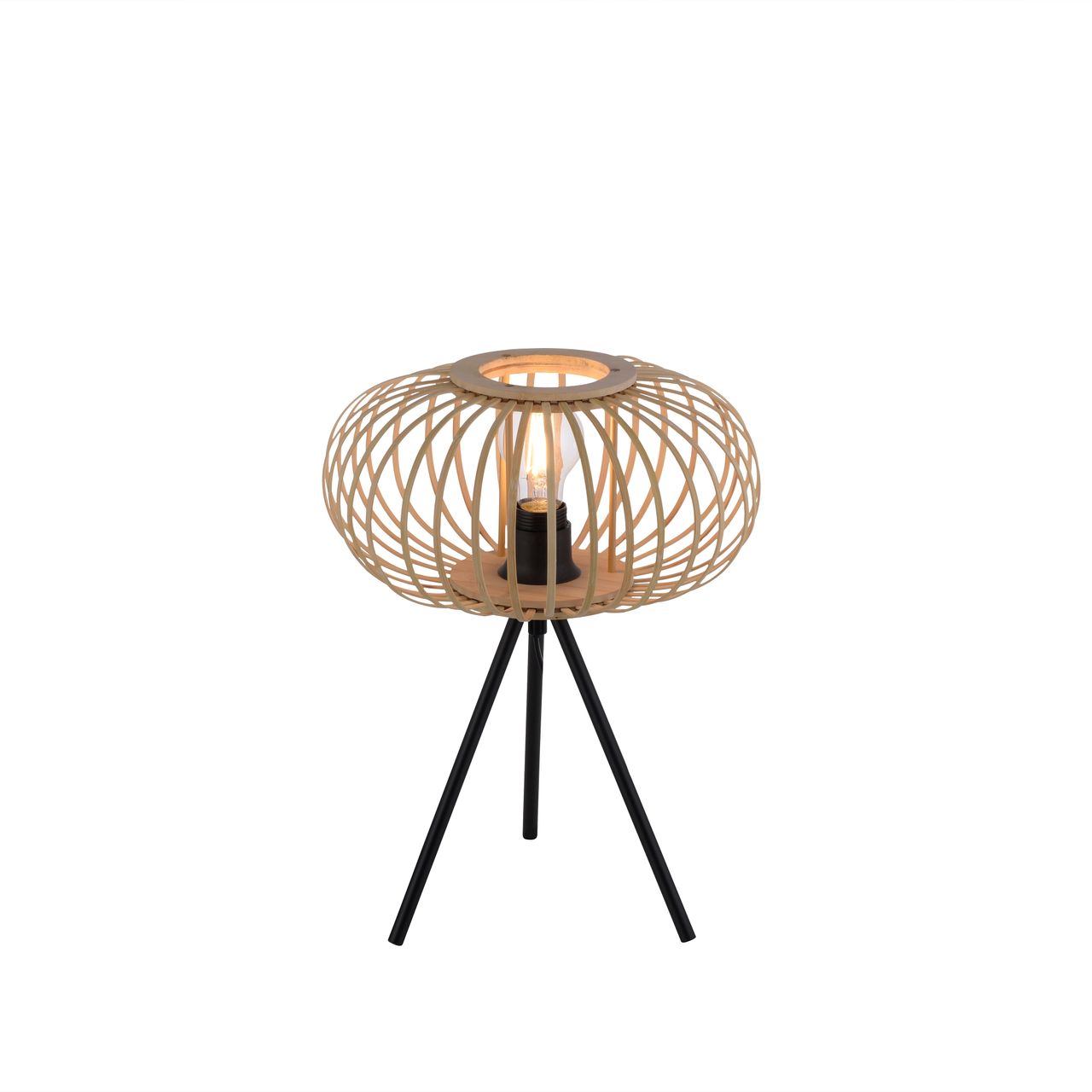 JUST LIGHT LeuchtenDirekt Tischleuchte RACOON, 1-flammig, E27, Dreibein-Stativ, Bambus-Schirm, Ø32cm, Holz-natur, IP20