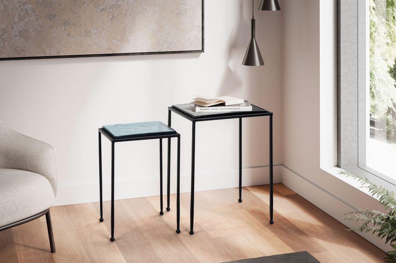 Wohnling Satztisch Glas Metall Blau Schwarz