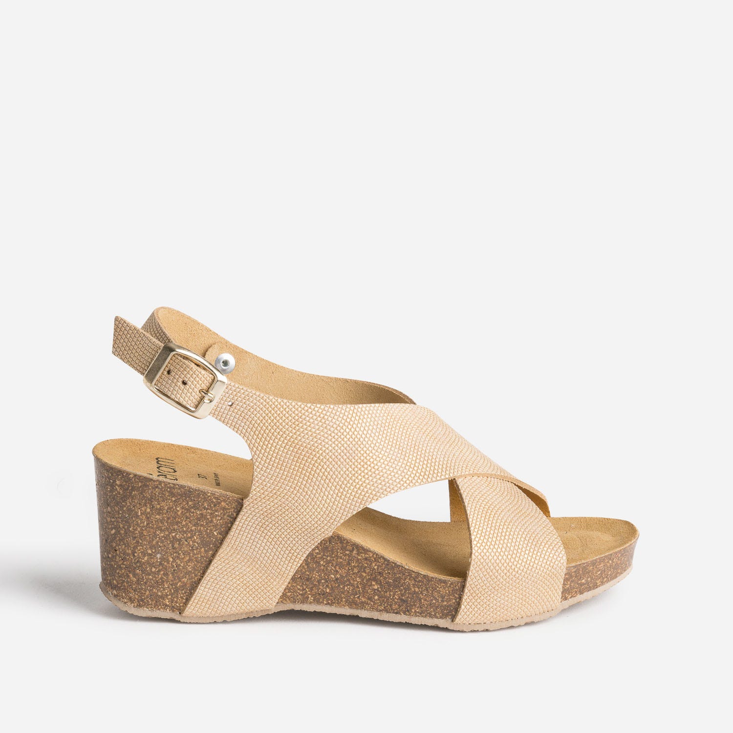 Sandale compensée anatomique beige doré en cuir embossé