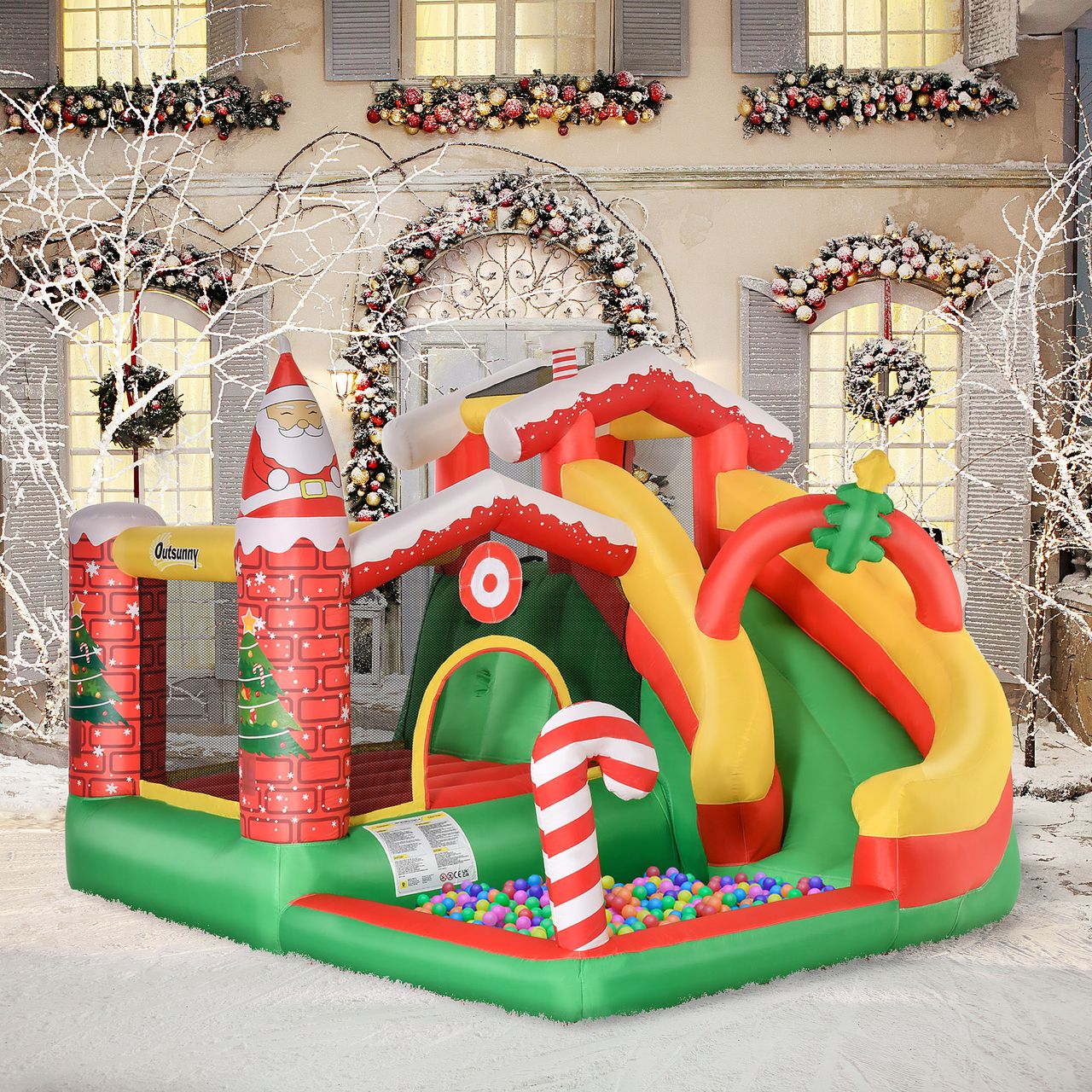 Outsunny Weihnachten Aufblasbare Hüpfburg mit Rutsche Ballgrube für 3 Kinder Springburg mit Gebläse für 3-8 Jahre Innenbereich Kindergarten Oxford-Gewebe Polyester Rot Grün Weiß 290 x 280 x 220 cm