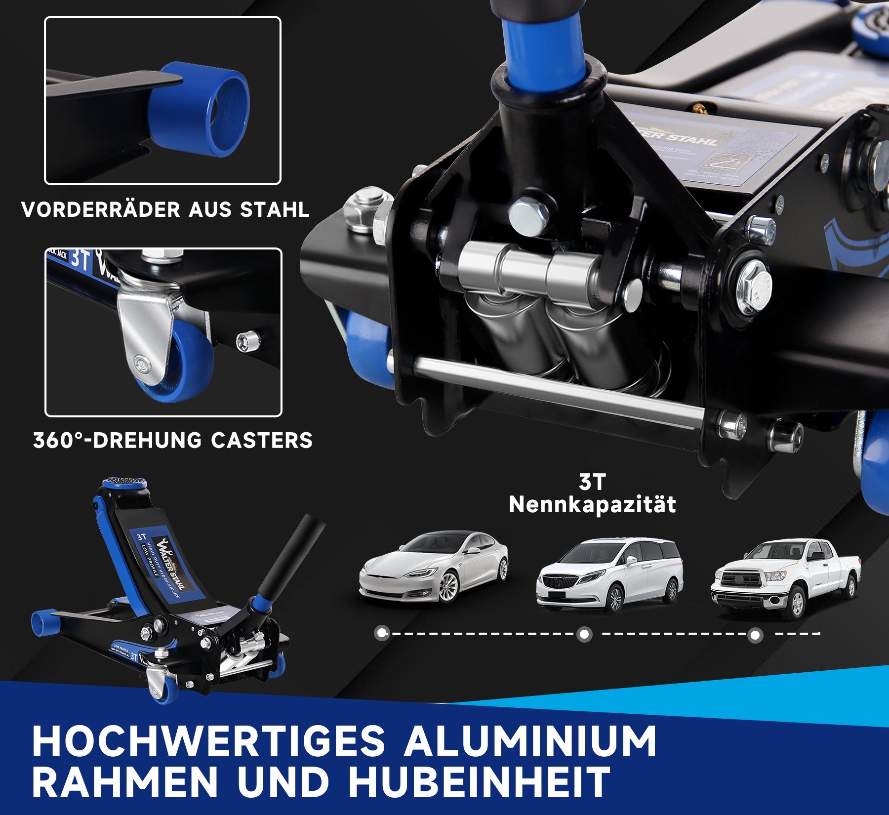 Walter Stahl Rangierwagenheber Hydraulisch 3T, Wagenheber Jack Flache Hubhöhe 75-460mm, max. Hubhöhe: 46,00 cm, Wagenheber-Set 75-460mm, 3T (66,00 lb)