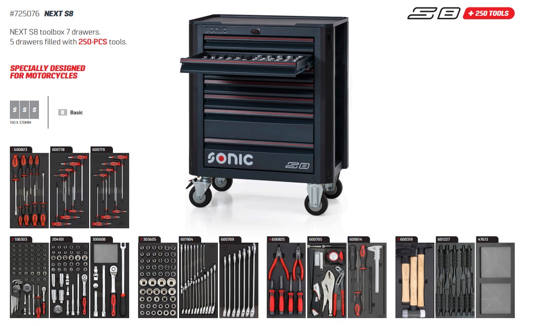 Sonic 725076 Werkzeugwagen mit Füllung | NEXT S8 | 250-teilig