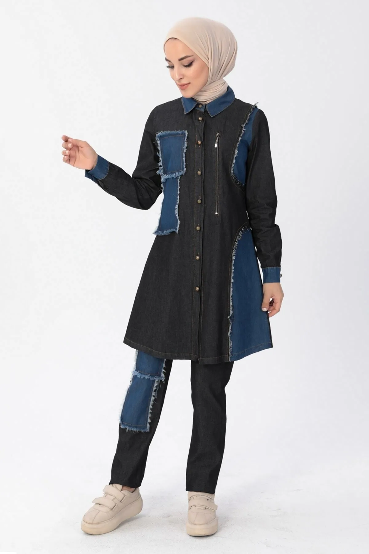 Modamihram  Reißverschluss-detaillierte Hijab-Denim-Kombination Schwarz 10074