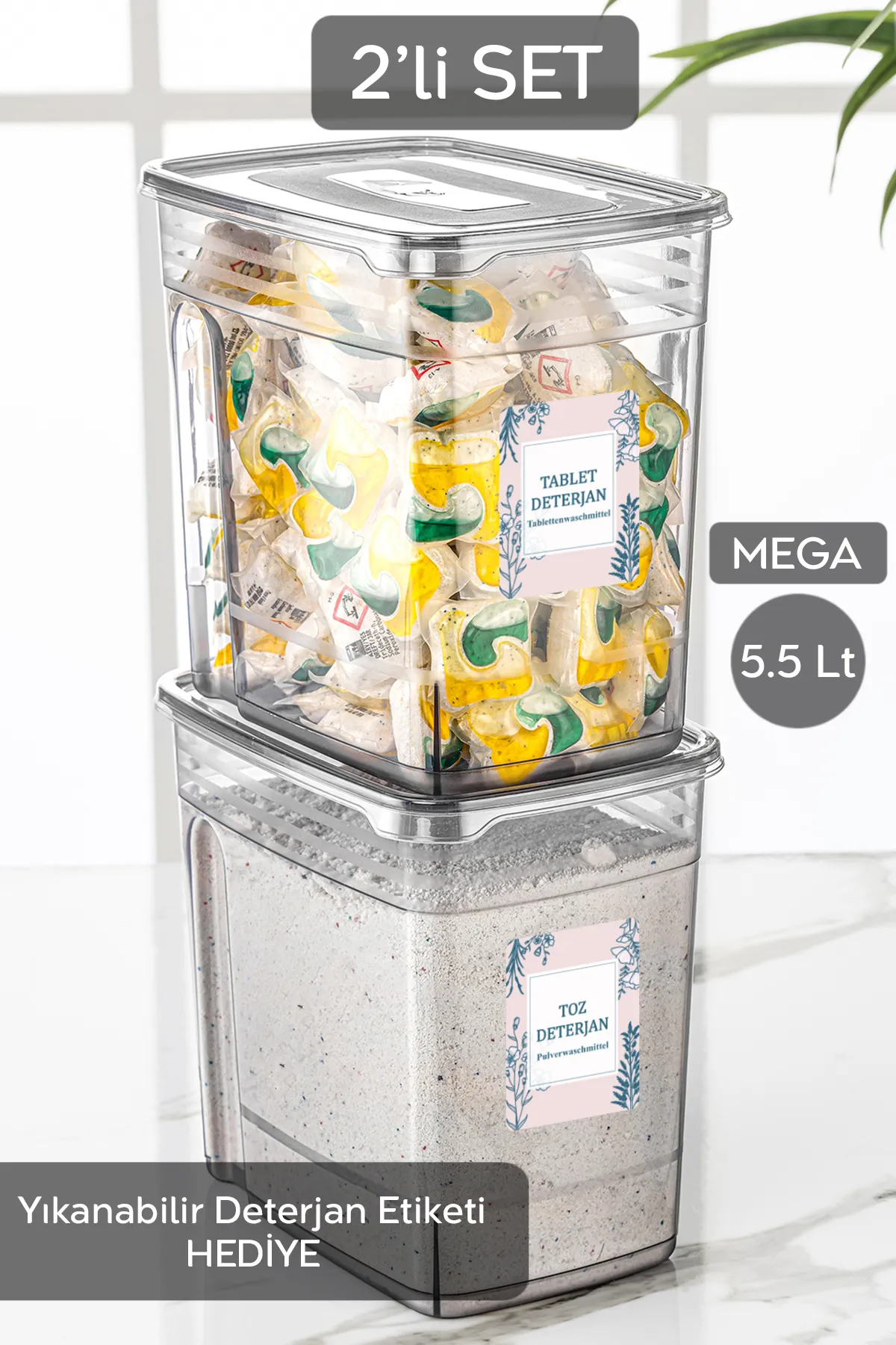 Meleni Home  2-teilige Mega beschriftete Waschmittel-Aufbewahrungsbox Lena Tablet-Waschmittel-Vorratsbehälter mit praktischem Deckel 2x5,5 Lt