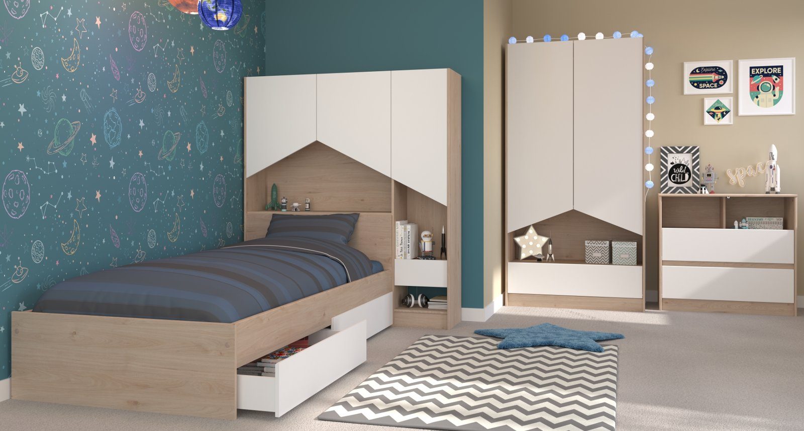 Parisot Jugendzimmer-Set Shelter, (Kinderzimmer Komplett-Set 6-teilig, weiß und Eiche), mit viel Stauraum